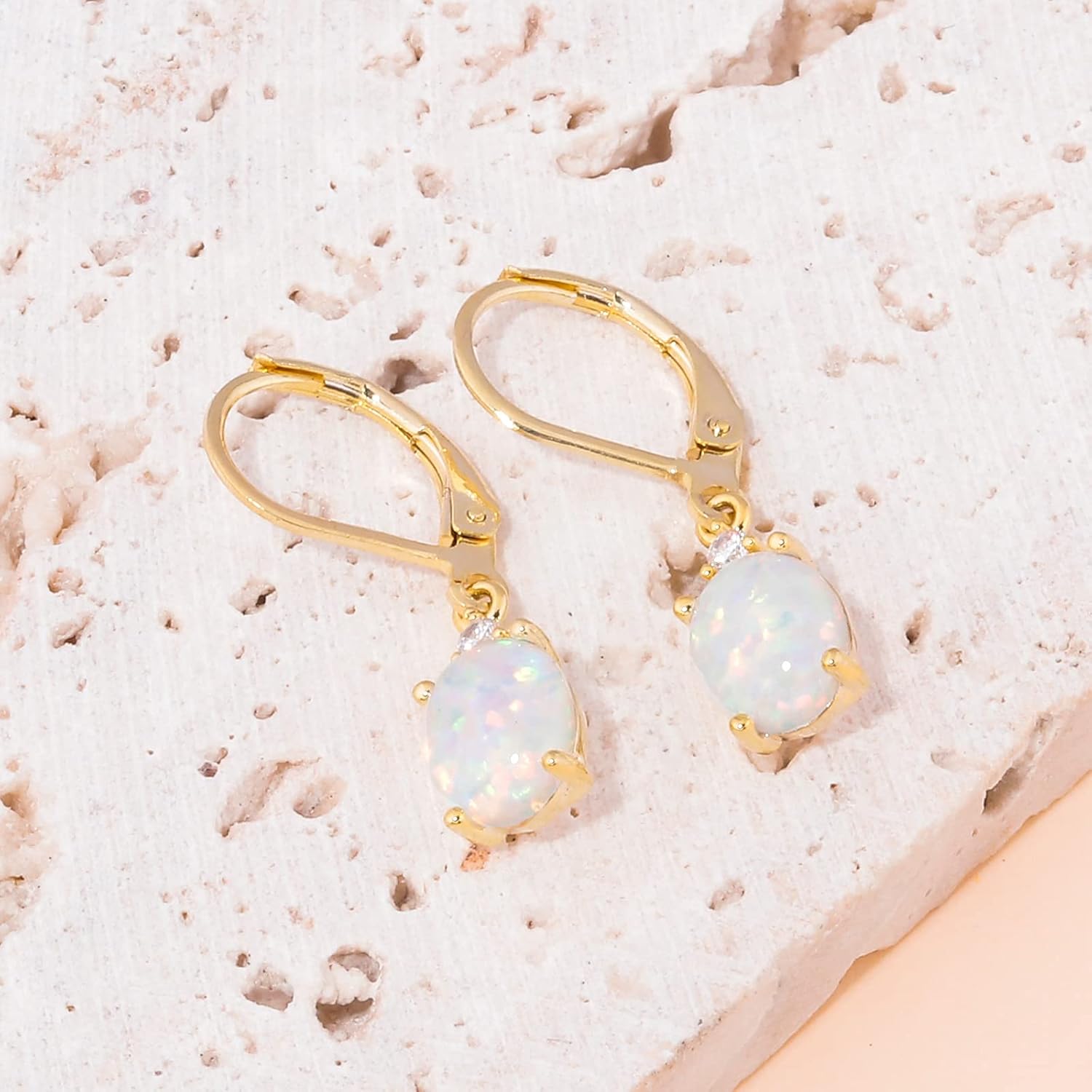 CiNily Opal Dangle Earrings for Women Trendy 14k Gold Plated Drop Dangle Earrings Created Fire Opal Drop Earrings Hypoallergenic Birthstone CZ Earrings Jewelry Gifts for Men Teen Girls - Image 5
