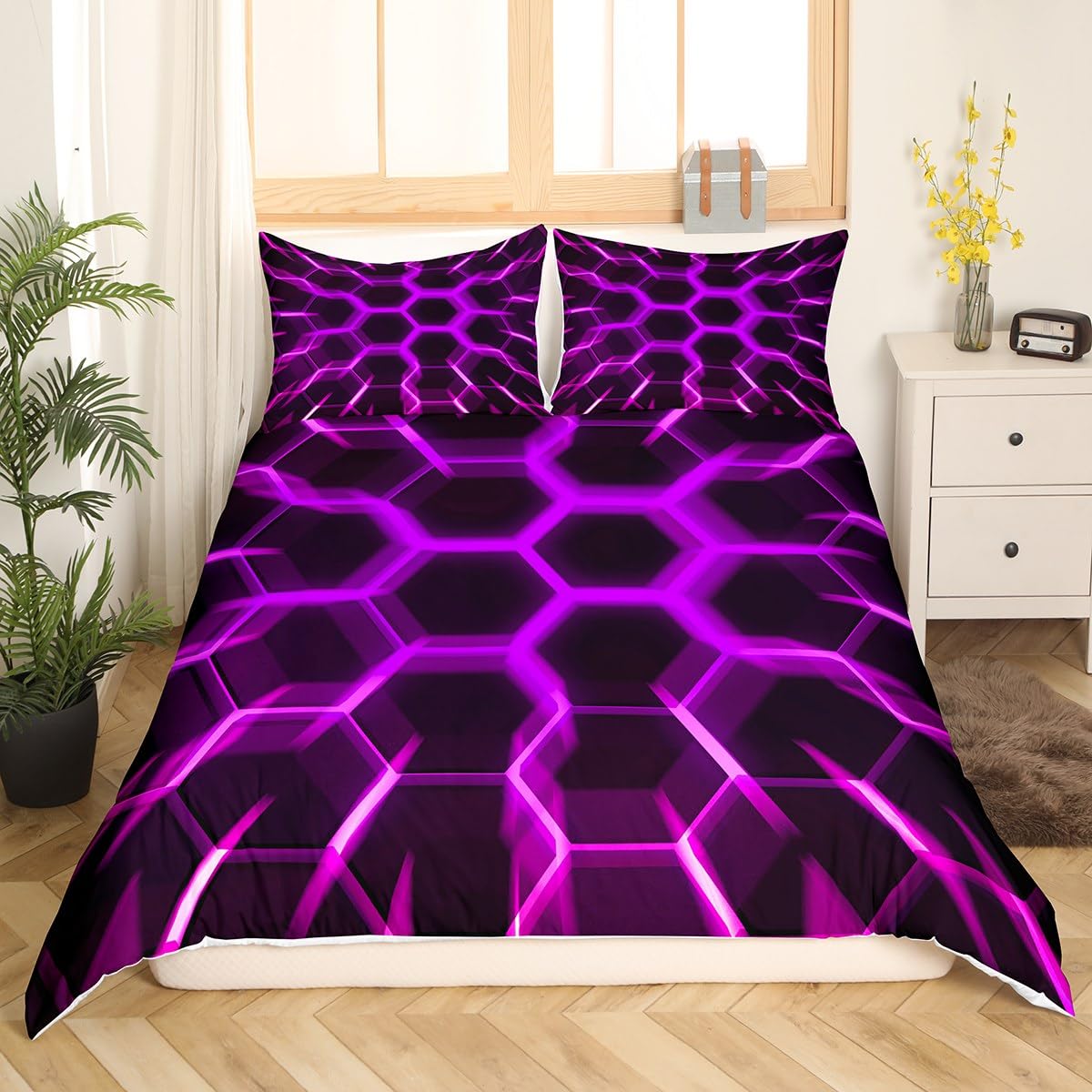 Honeycomb Duvet Cover Black Purple Geometric Hexagonal Pattern Gaming Single Bedding Sets for Girls Kids,3D Hexagon Beehive Comforter Cover Game Room Decor,Glowing Neon Home Decor Bed Set - Image 3