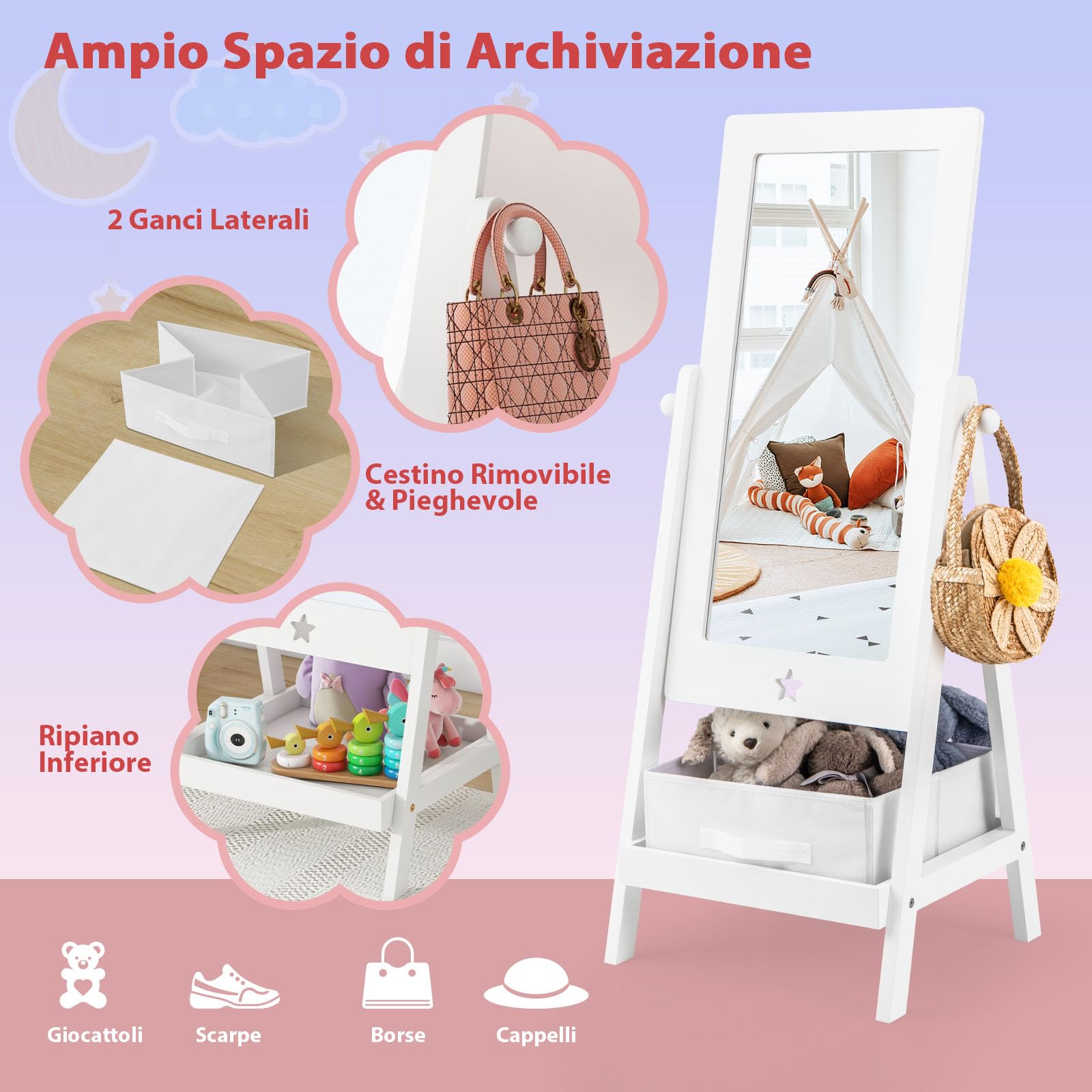 RELAX4LIFE Specchio da Terra Girevole a 360° per Bambini, con Mensola Portaoggetti, Cesto Ripiegabile, 45 x 40 x 112 cm, Bianco