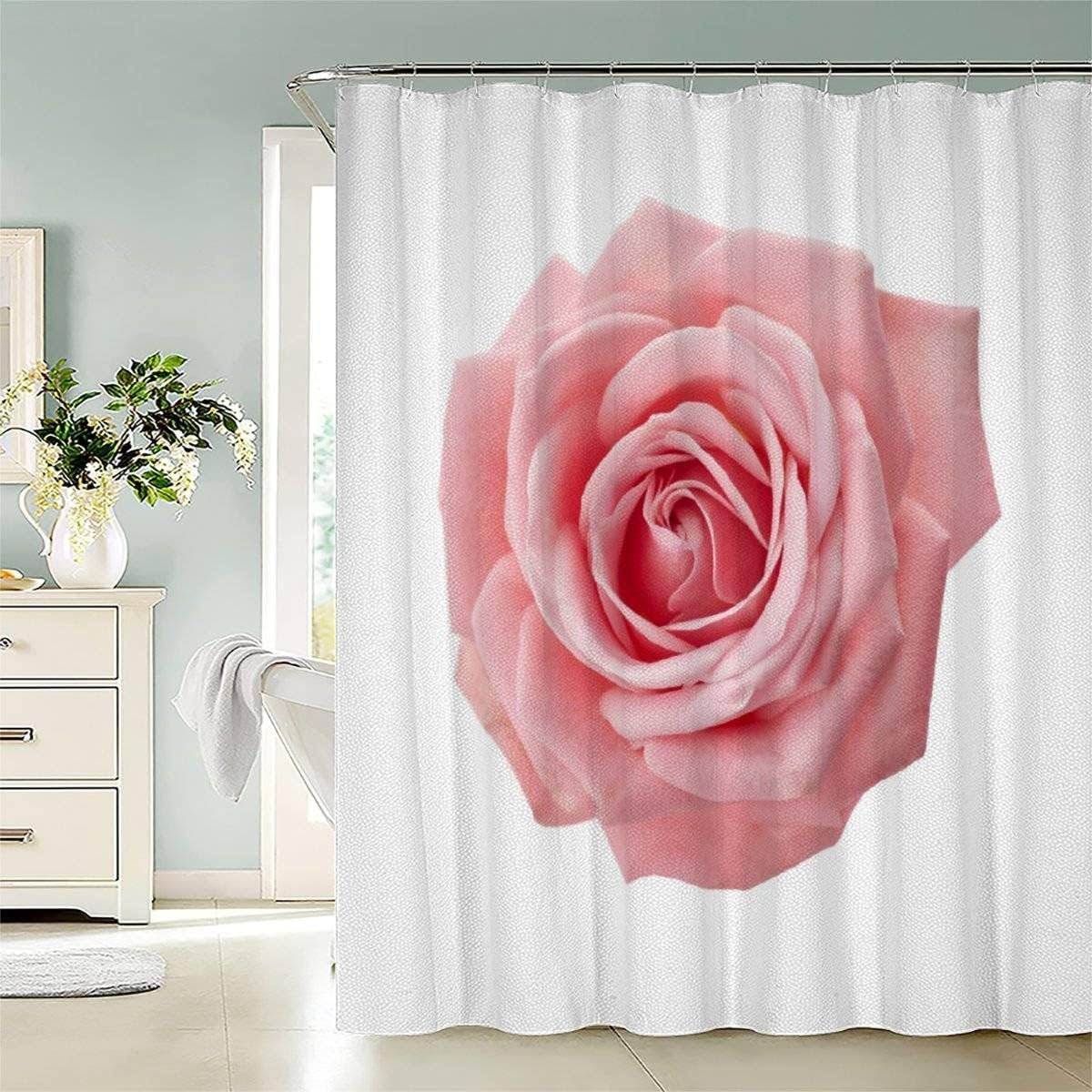Cortina de Ducha Flores Rosas, Cortina Ducha 120x200 cm Rosa Cortina Baño Tela Impermeable Antimoho con 8 Ganchos B6177