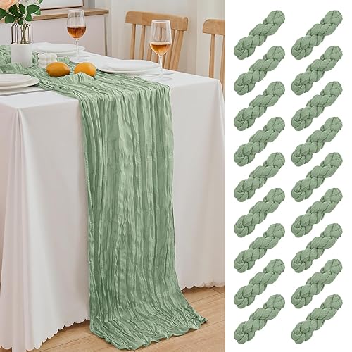18 Pack Sage Green Cheesecloth Table Runner 21.5x120 Inch, Semi