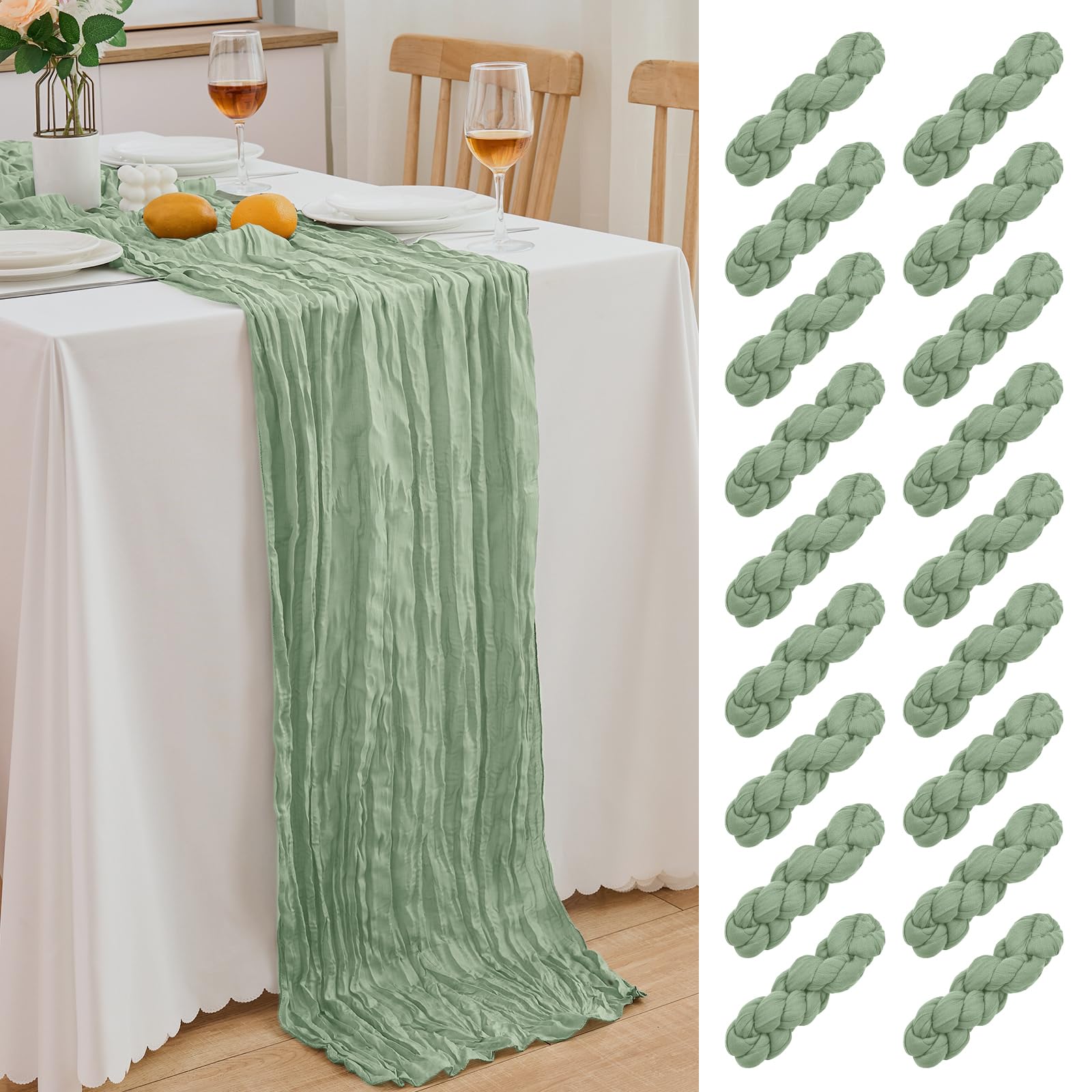 Photo 1 of 18 Pack Sage Green Cheesecloth Table Runner 21.5x120 Inch, Semi Sheer Boho Gauze Cheese Cloth Fabric Table Runners 10 FT Long for Wedding Party Baby Shower Birthday Home Decor