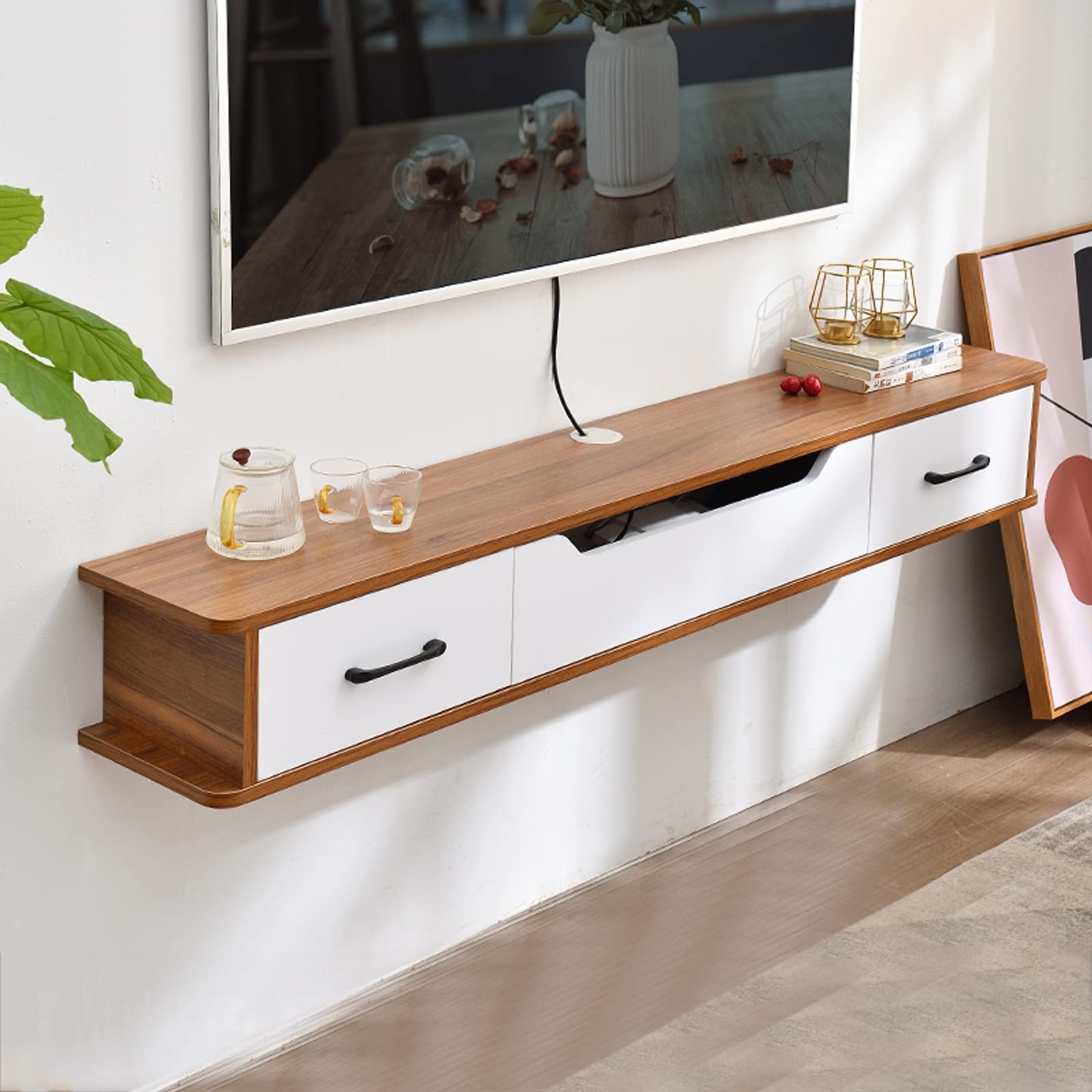 unità TV fissata al Muro 51.1" Supporto TV sospeso Mensola TV montata a Parete con 2 cassetti e 1 Anta, mensole portaoggetti per Console multimediale montate a Parete per Cavo Boxo Video, Non