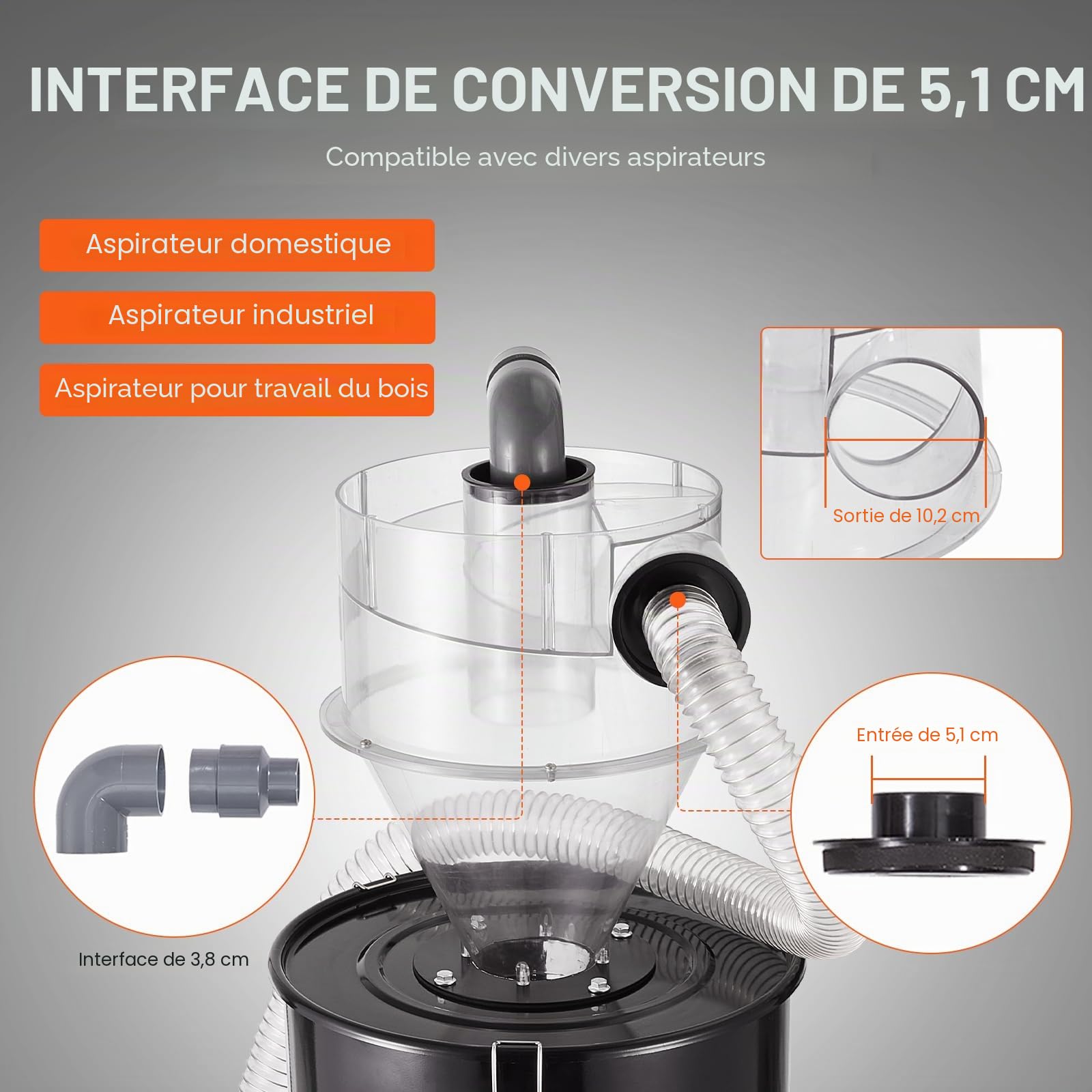 VEVOR Séparateur de poussière cyclonique avec réservoir en métal 50 L, collecteur dépoussiéreur cyclonique en ABS, avec adaptateur 50 mm, tuyau 2 m, pour aspirateurs à poudre d'atelier humides/secs
