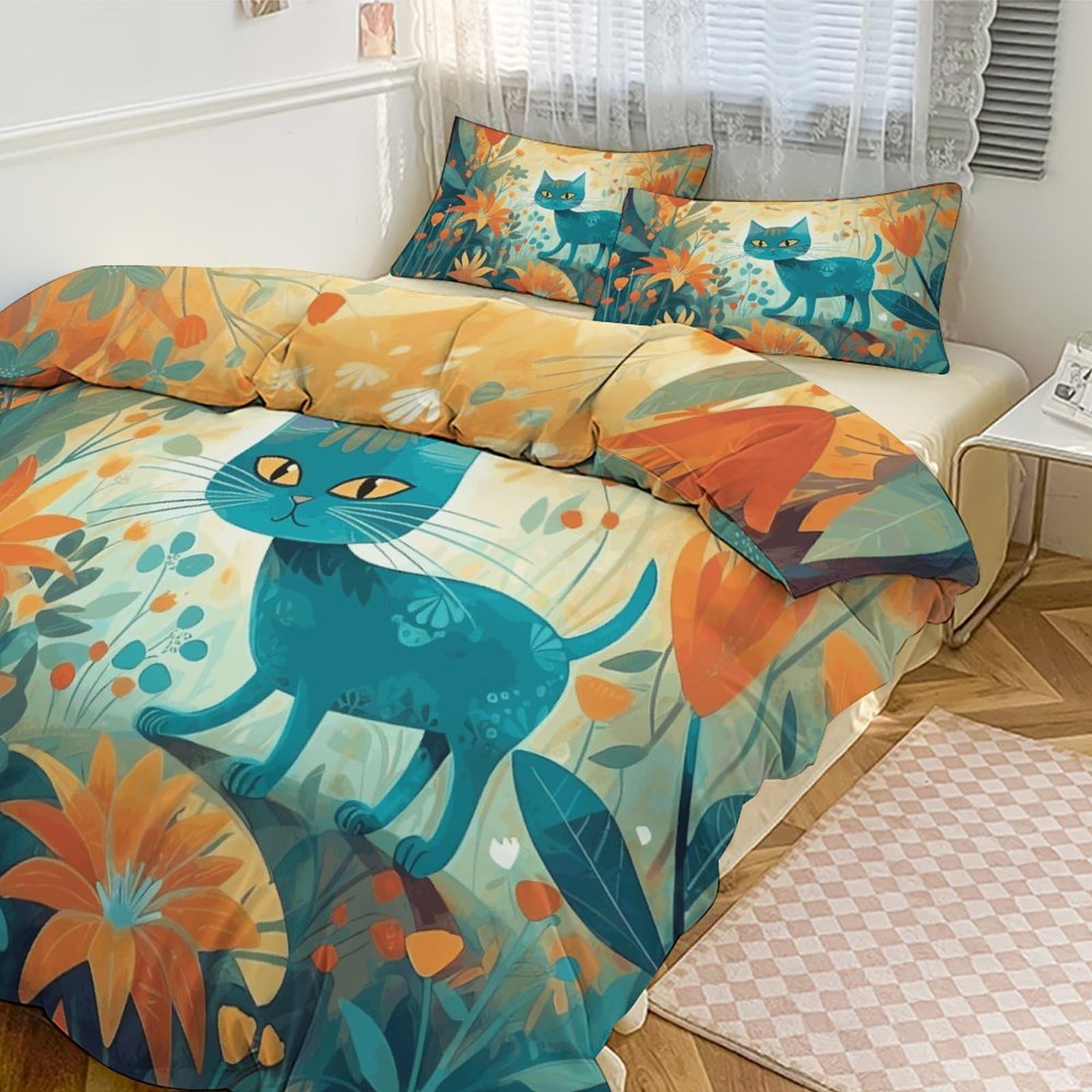 Housse de couette motif chat et fleurs pour un lit douillet et chaleureux de 200 cm