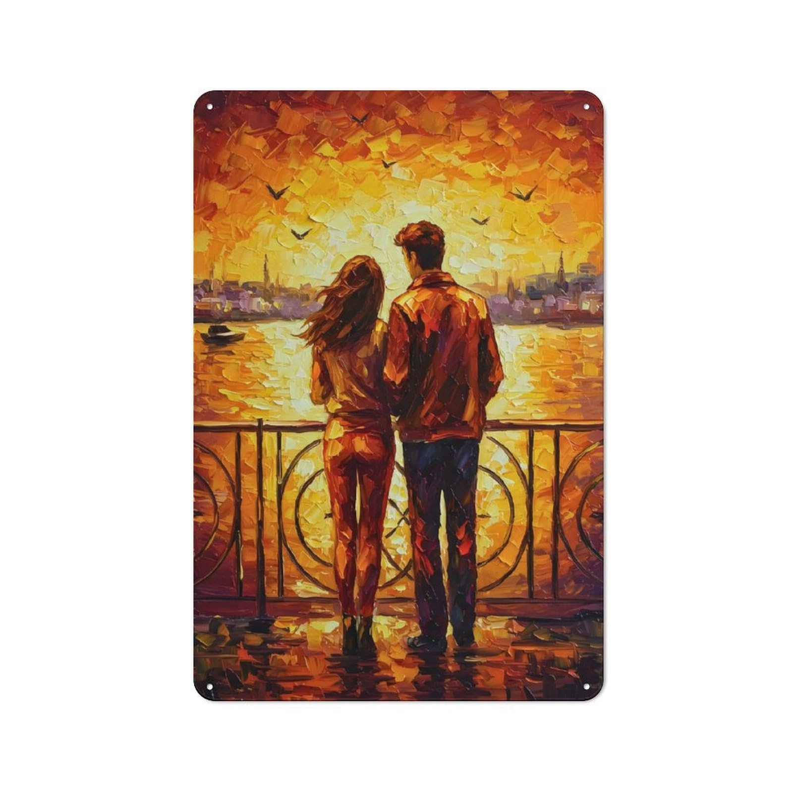 Junmoney Couple Sunset Cityscape Metal Wall Sign 30X20cm, Retro Decor For Pub Or Café, For Vintage Wall Decor Fans, For Garage And Workshop Walls