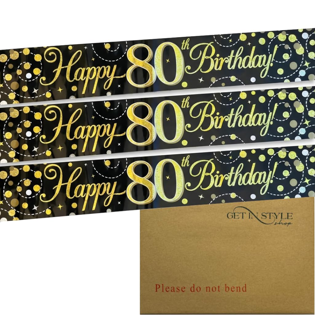 9ft Banner Sparkling Fizz 80th Birthday Black & Gold Holographic (274cm)