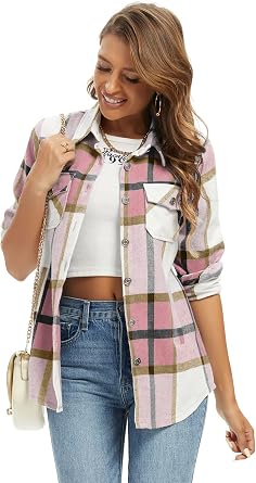 Womens Flannel Plaid Shacket Jacket Fashion Button Down Long Sleeve Casual Shirt Shackets Fall Clothes for Women
