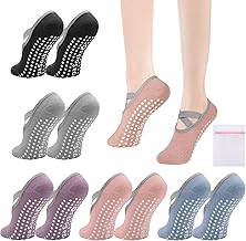 VEGCOO 5 Pairs Women's Non-Slip Pilates Socks, Sports Yoga Socks with Strap, Cotton Non-Slip Yoga Socks for Pilates, Fitness, Dance, Ballet, EU35-39