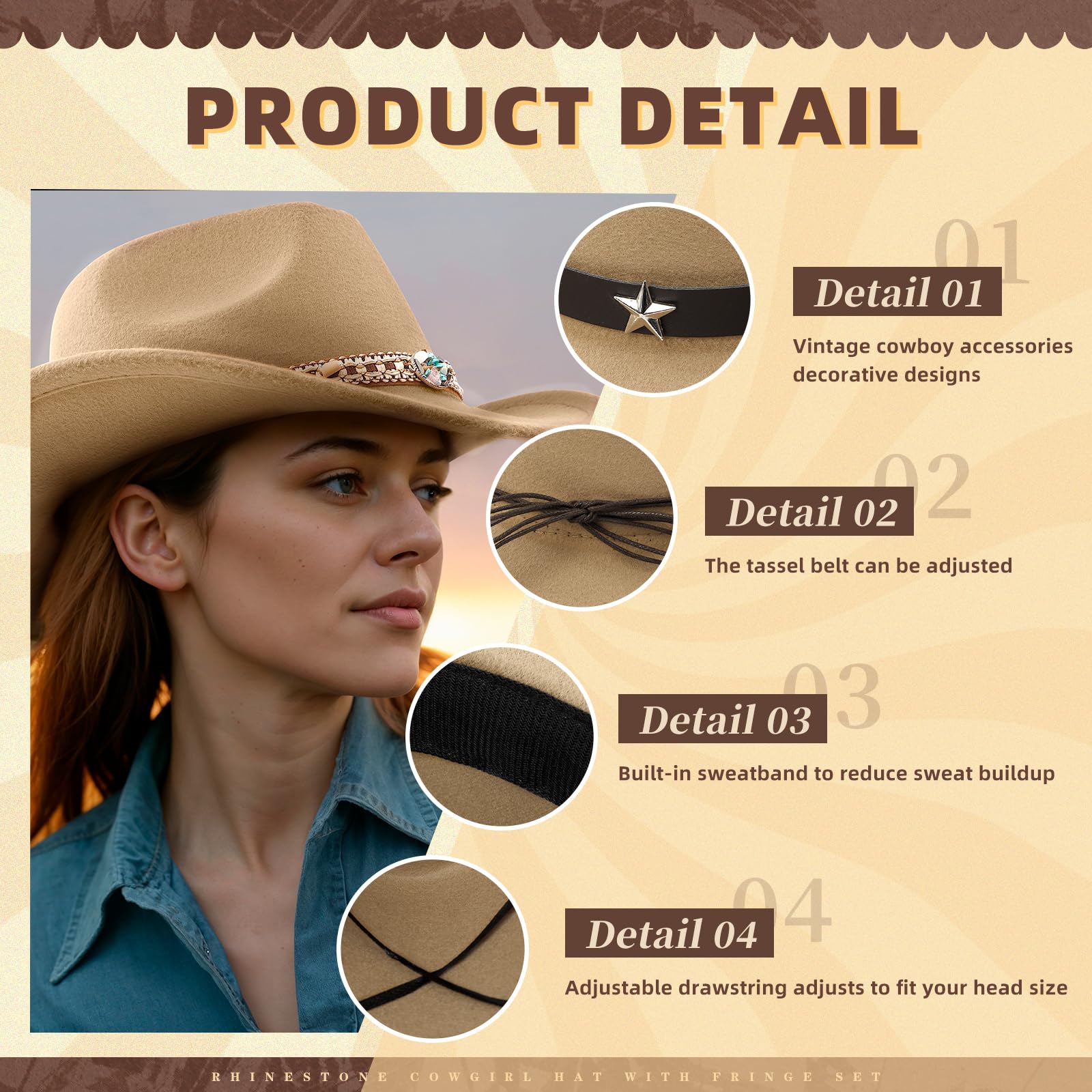 Cappello da cowboy occidentale per uomo e donna a tesa larga classico cappello da cowgirl occidentale con quattro fasce decorative in feltro Fedora Hat