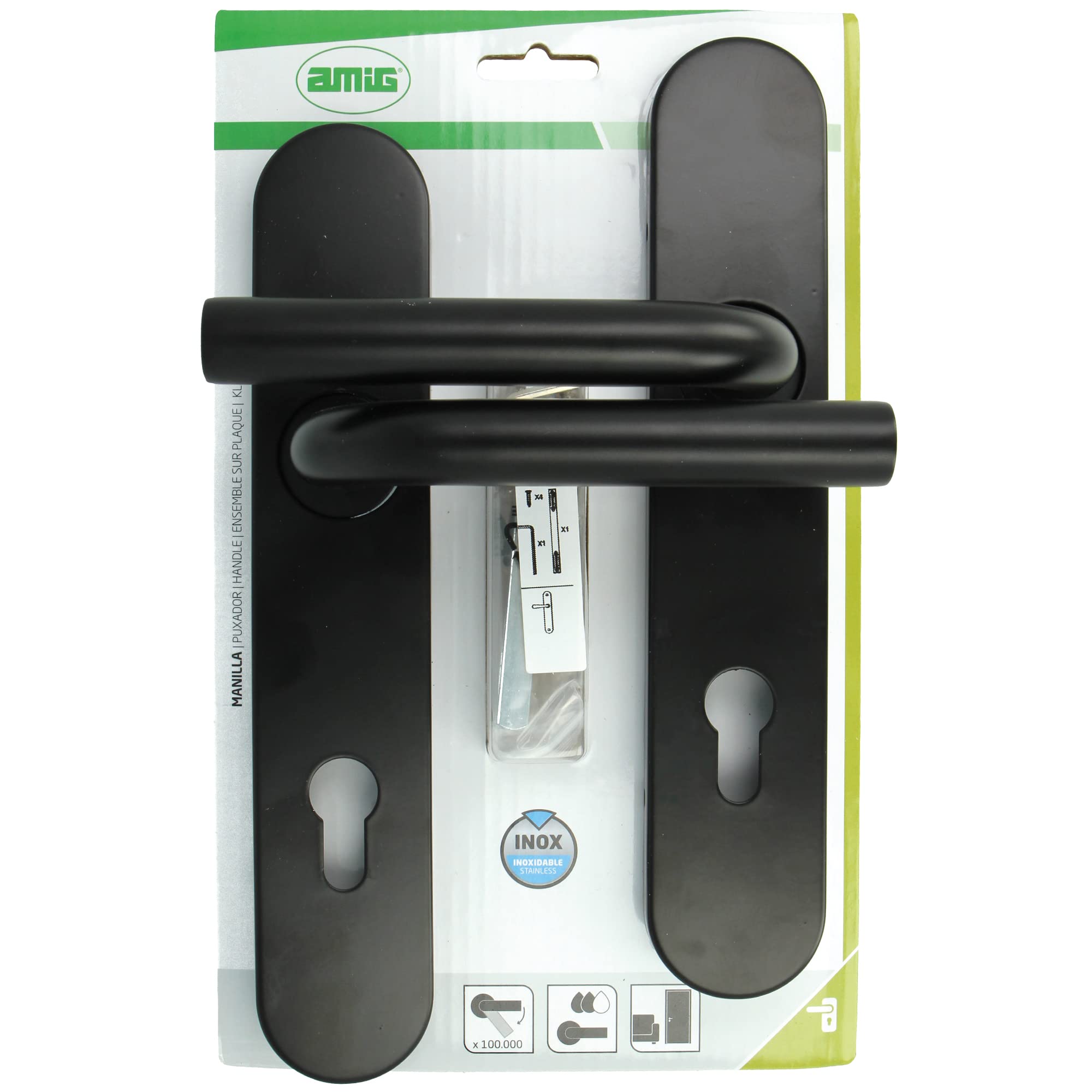Amig – Juego de manillas con placa para puertas – Diseño cilíndrico ergonómico – Medidas 245 × 45 mm – Acero inoxidable con placa de polipropileno – Incluye cuadradillo 8 mm y tornillos – Mod. 4PXB85