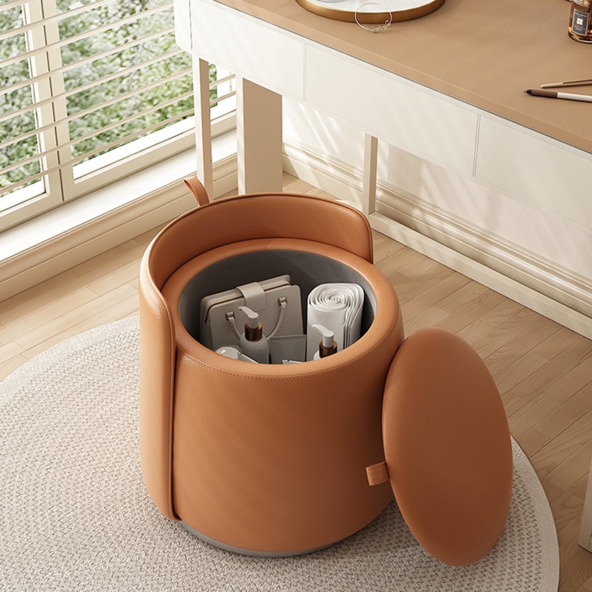 GIZNXBA rund Sitzhocker Mit Stauraum 360°-Drehung Leder Pouf Hocker Für Couch, Polsterhocker rund Fußstütze Mit Deckel