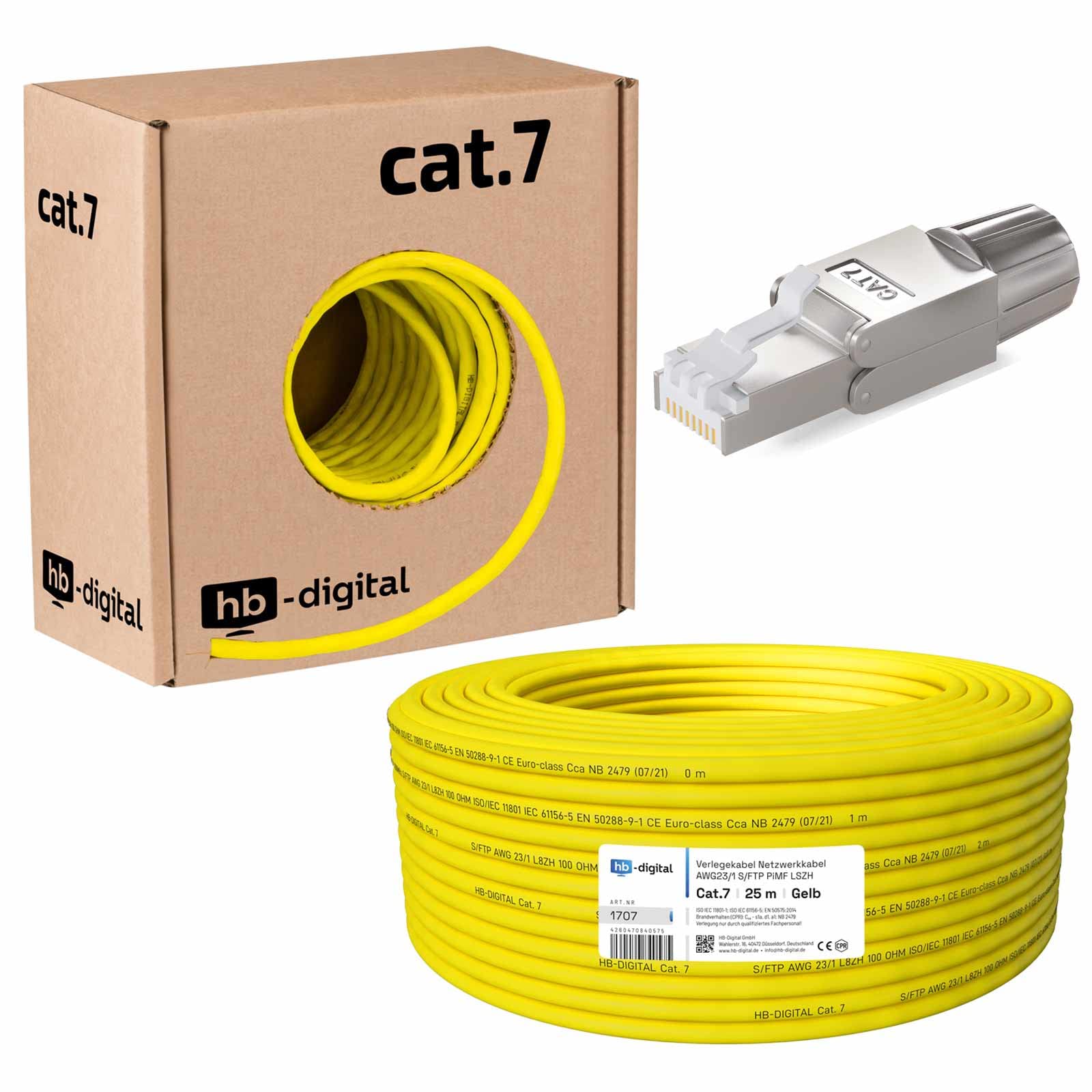 HB-DIGITAL Set: cavo di rete CAT.7 25 m AWG23 puro rame S/FTP PiMF LSZH senza alogeni RoHS-Compliant GHMT Ethernet PoE 10 Gbit/s 1000 MHz giallo + 10 connettori di rete Cat.7