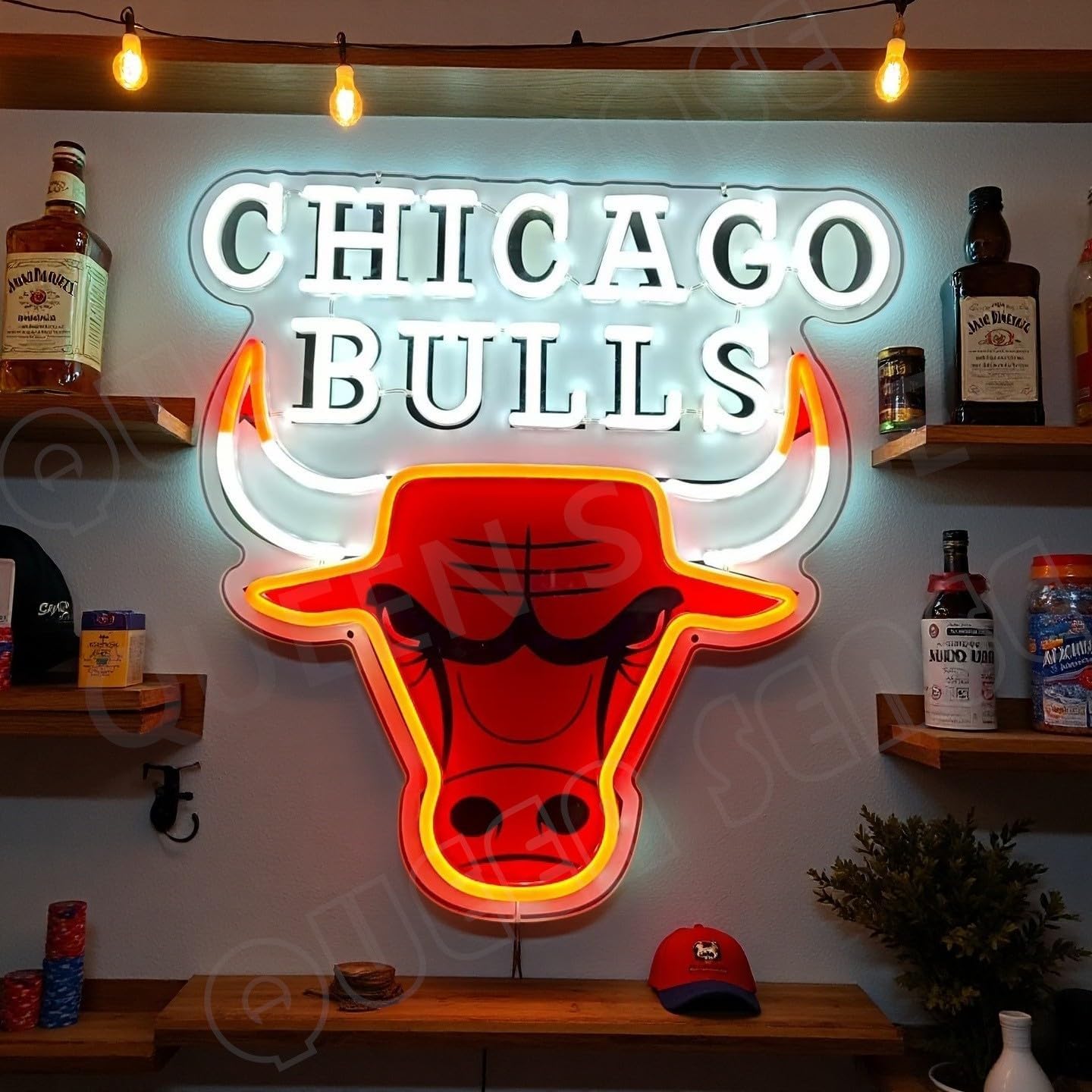 Queen Sense 16"x16" for Chicago Sports Bull LED Neon Sign for Wall Decor USB Powered Dimmable Neon Light BH1370