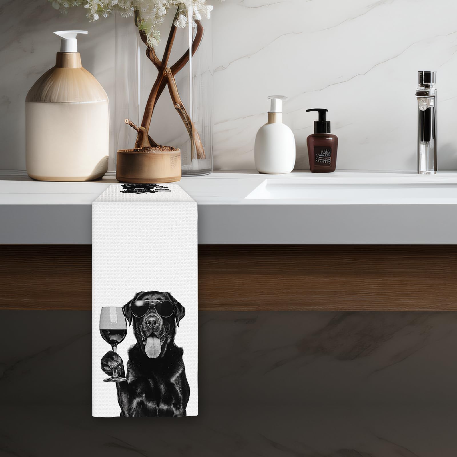 Black Lab Gifts Wine Dog Kitchen Towels, Gifts for Labrador Retriever Wine Lovers Decorative Hand Dish Towel for Kitchen Home Bar, Black Labrador Retriever Gift Home Bar Decor(16x24Inch)