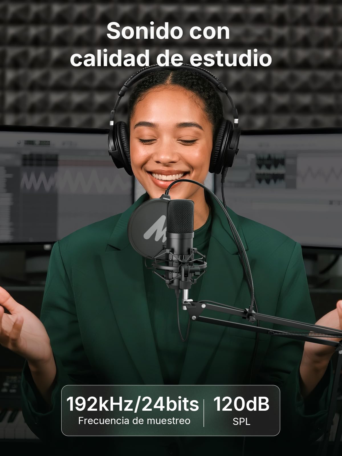 MAONO Micrófono de condensador XLR/USB: 192 kHz/24 bits Plug & Play PC Podcast Kit de micrófono de metal cardioide con software, chipset de sonido profesional para grabación, estudio, canto