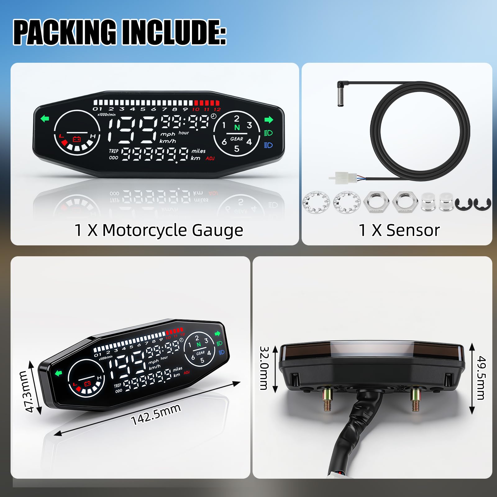Compteur de Vitesse Numérique Universel pour Moto, Compteur de Kilomètres avec Capteur Tachymètre Numérique avec Écran LCD Odomètre, Jauge de Vitesse pour 1 2 4 Cylindres
