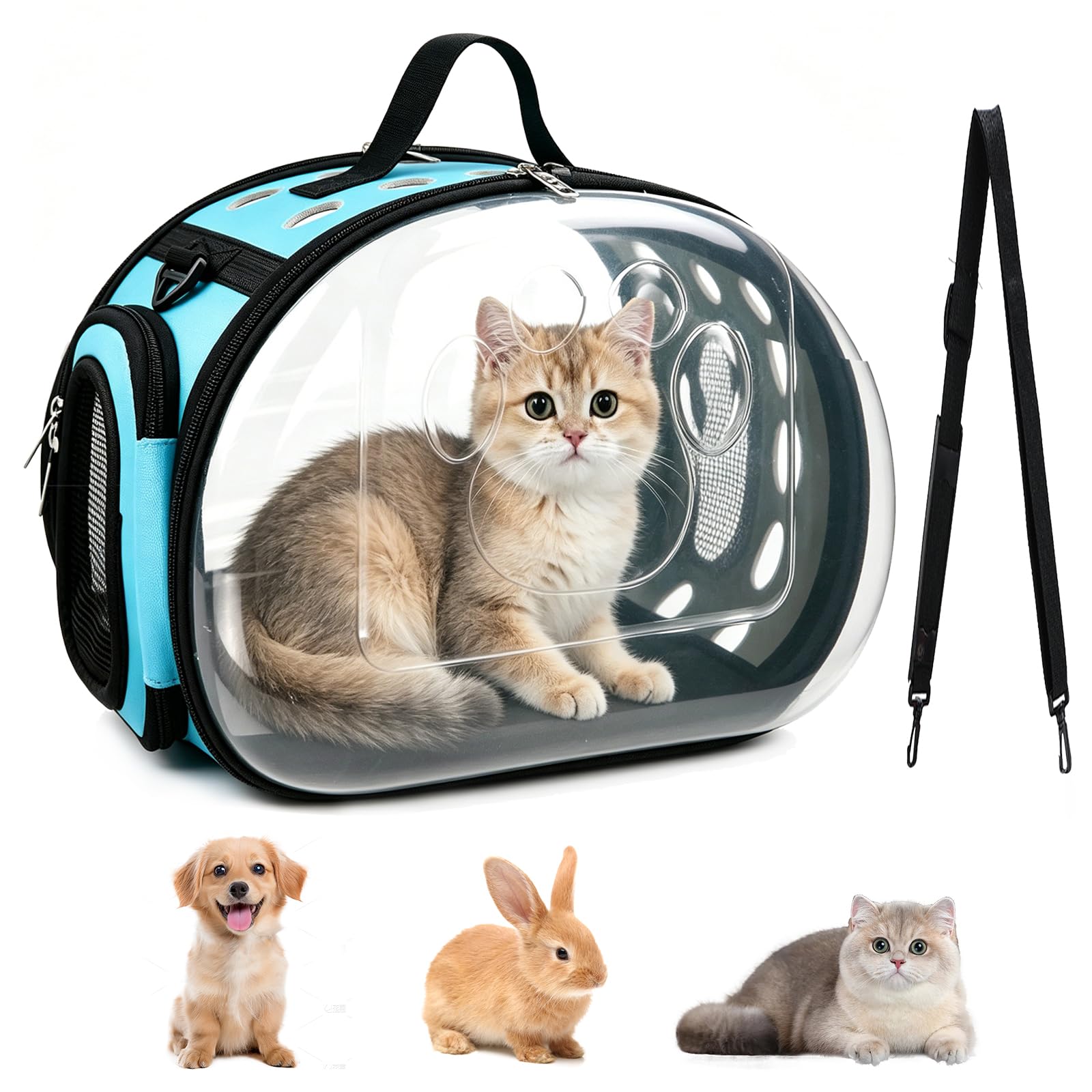 Sac de Transport pour Chat Transparent Pliable, Sac Transport Chat/Caisse de Transport Chat pour Chats et Petits Chiens Jusqu’à 5 kg, avec fenêtres et aérations, Port à la Main ou à l’épaule