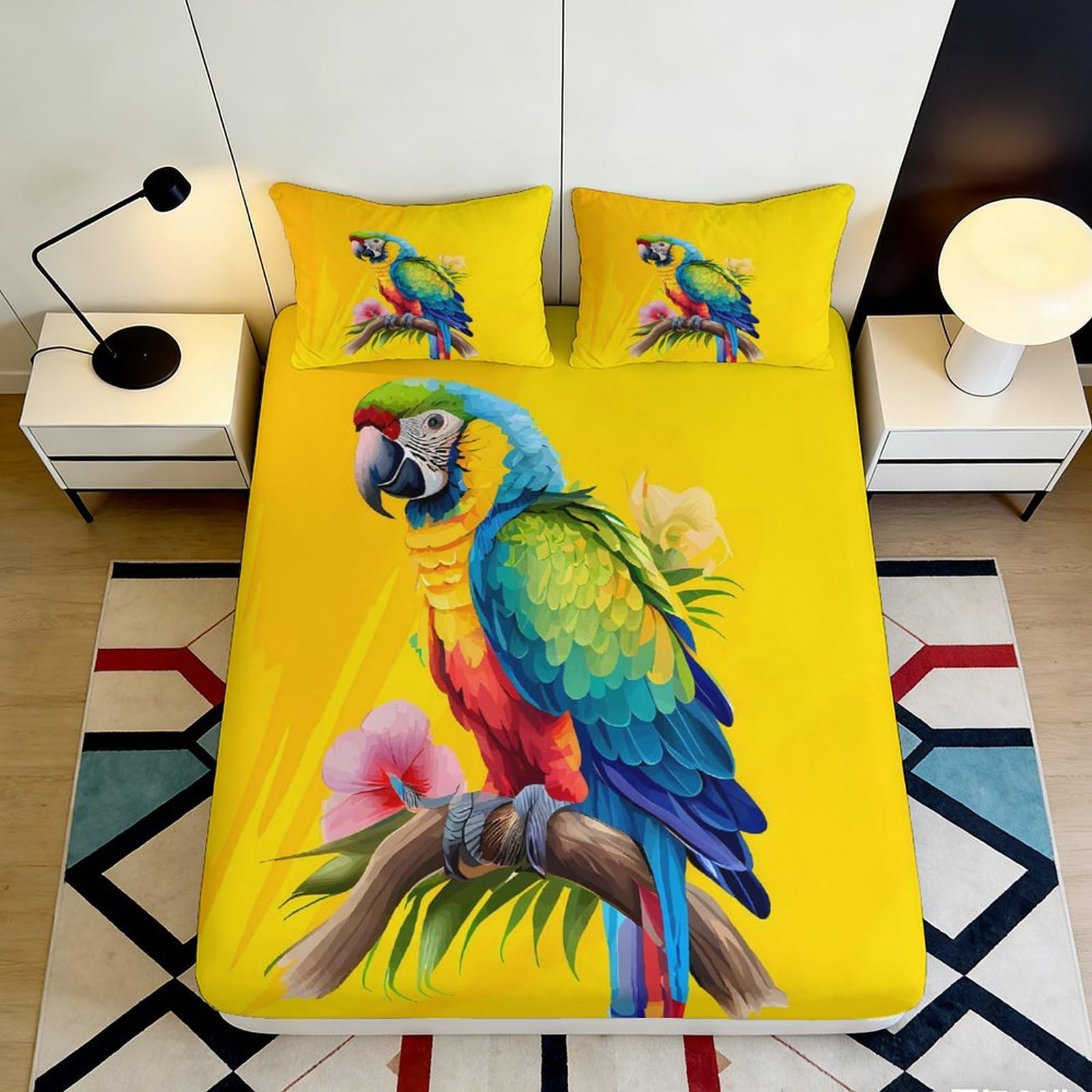 3D Printed Parrot Tropical Fitted Sheet Microfiber Soft Yellow Bird Mattress Cover for Bedroom Guest Room Decor 200x200x25cm