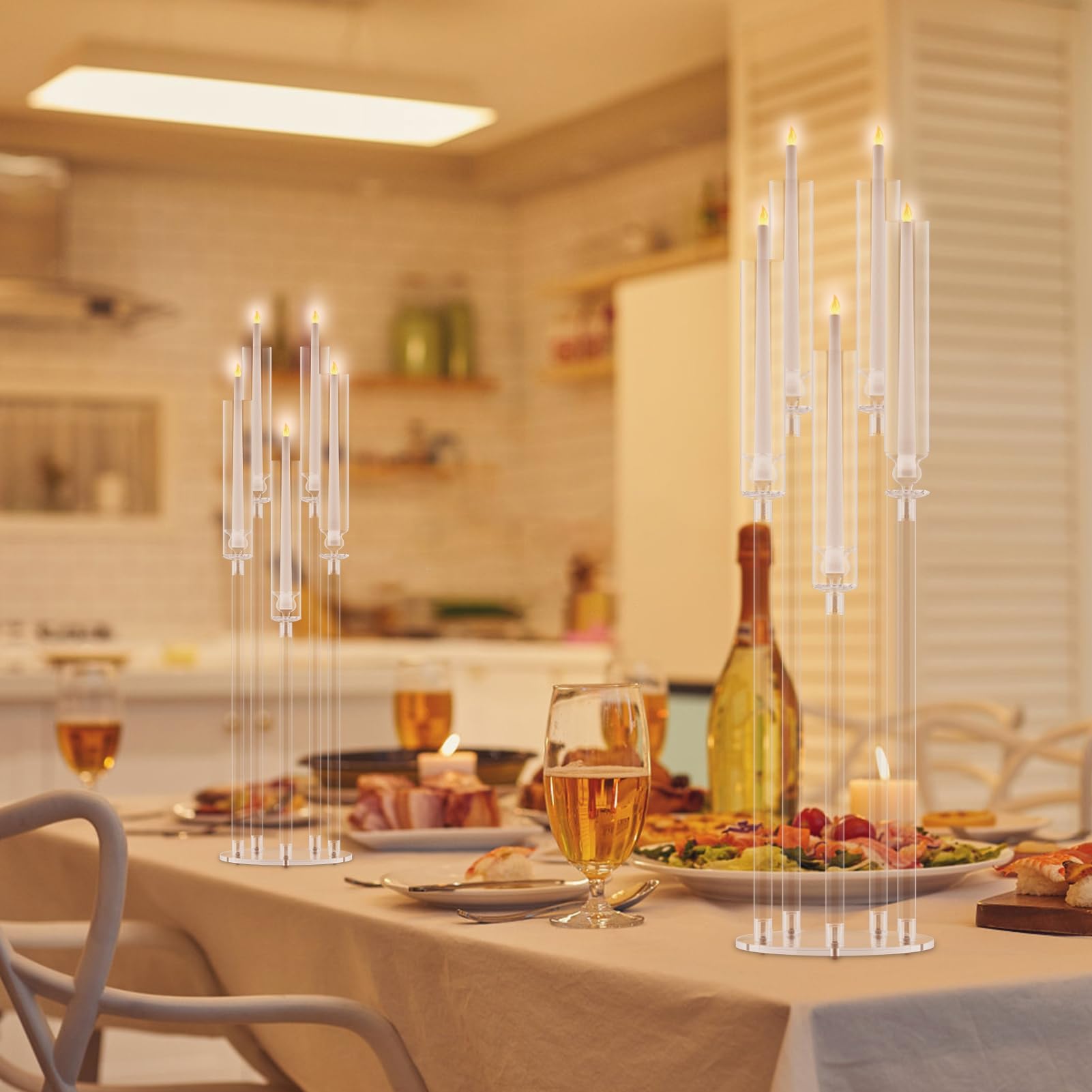 Yokawe Set di 4 centrotavola alti per candelabri, 87 cm di altezza, trasparenti, portacandele a 5 bracci con tonalità acriliche, centrotavola a LED conici per candele da matrimonio, 1 set