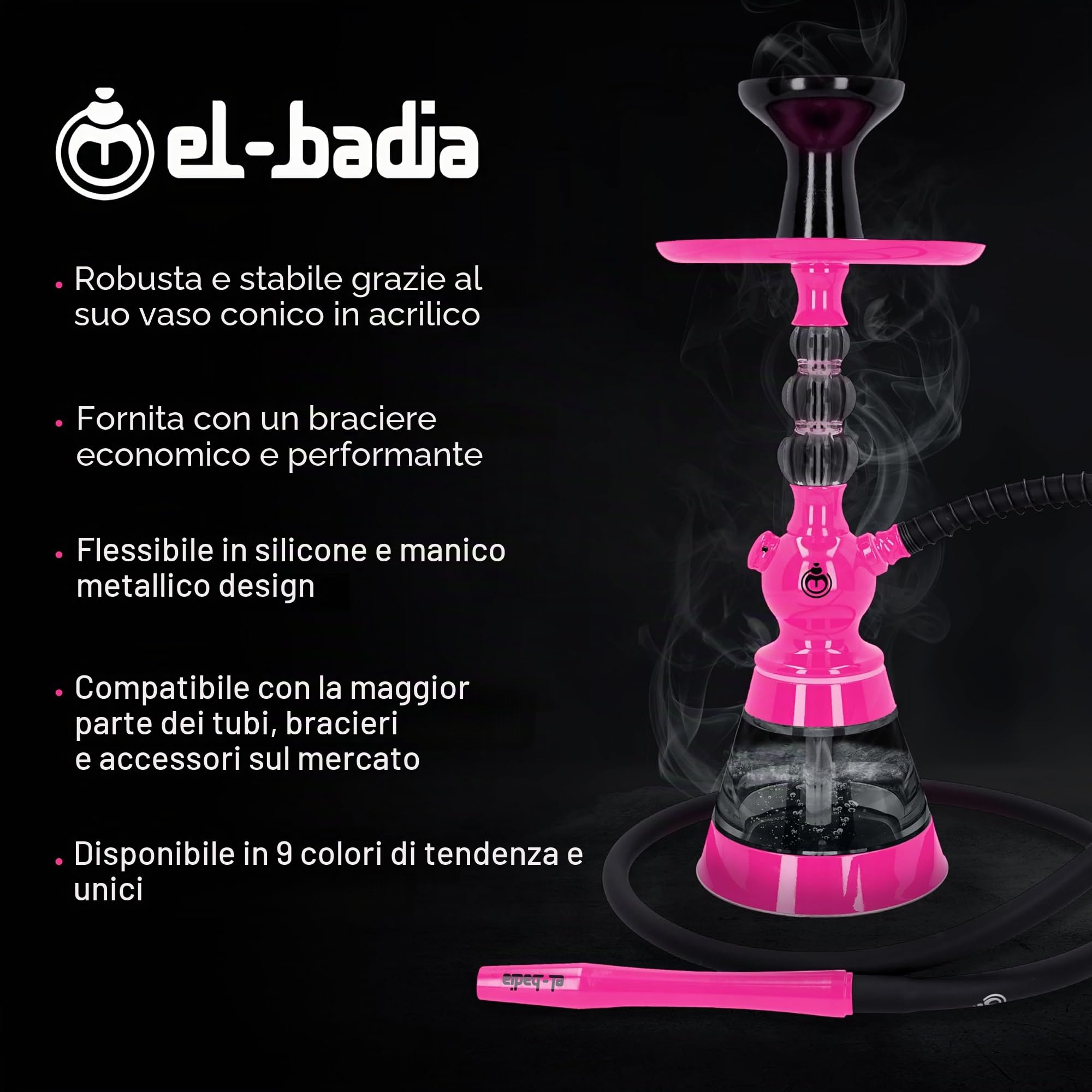Narguile EL-BADIA® CELESTE™ – 45 cm – Shisha/Hookah moderno e leggero con vaso in acrilico, tubo in silicone, manico in metallo e focolare Phunnel – Design iconico e colori alla moda (Acid Pink)