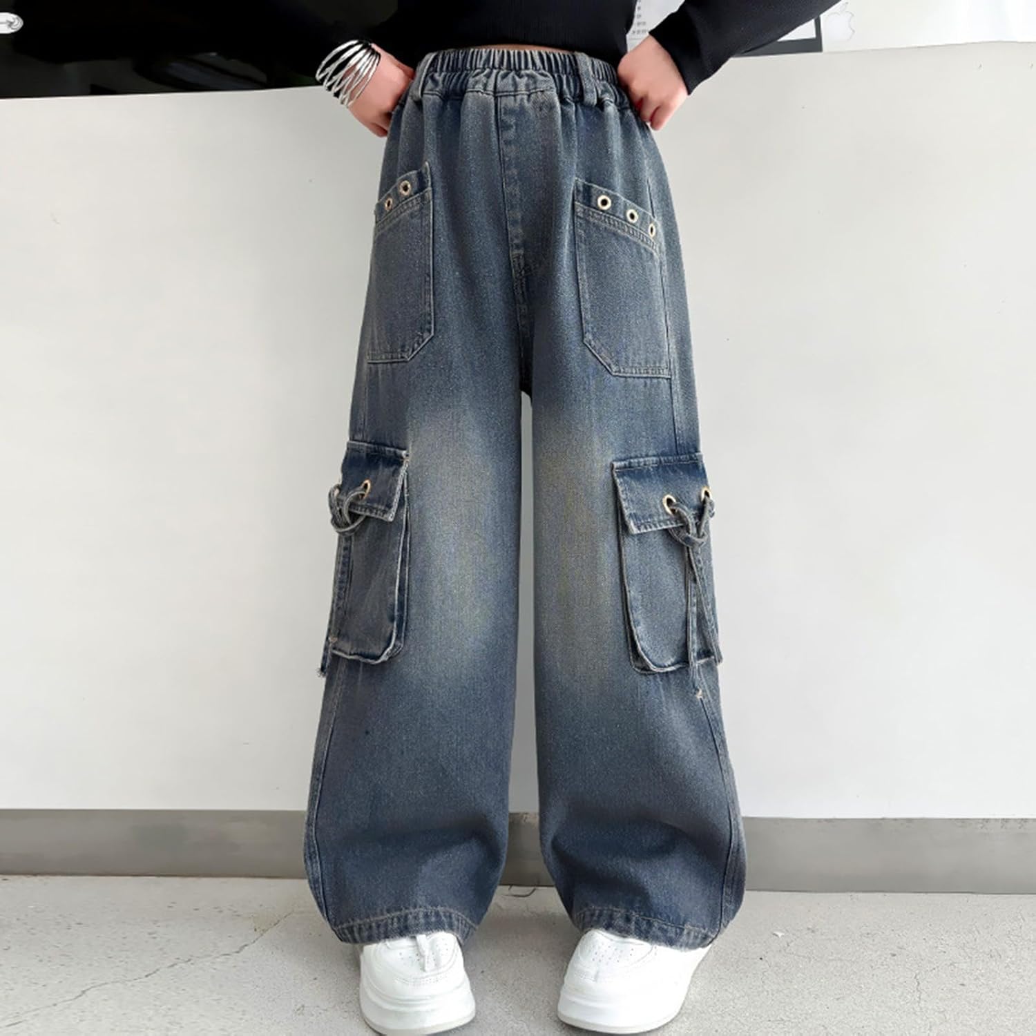 Girls Cargo Pants Baggy Wide Leg Elastic Waist Trendy Y2k Distressed Denim Pants Teen Loose Streetwear Long Trousers