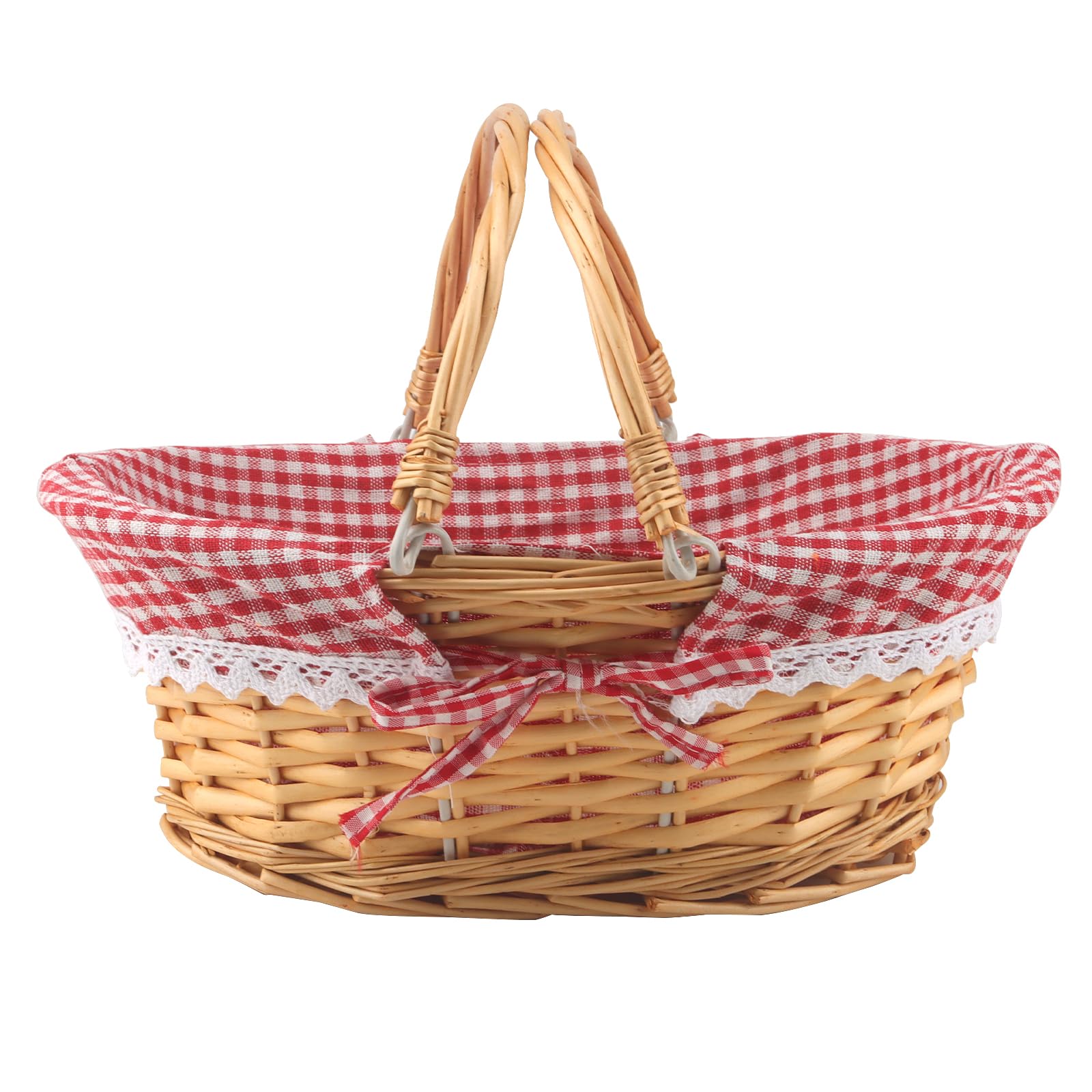 MUKCHAP Confezione da 2 cestini da picnic in vimini, 32 x 23 x 12 cm, ovali, con rivestimento con manico pieghevole, cestino da picnic in vimini intrecciato, per picnic, feste, barbecue, color miele