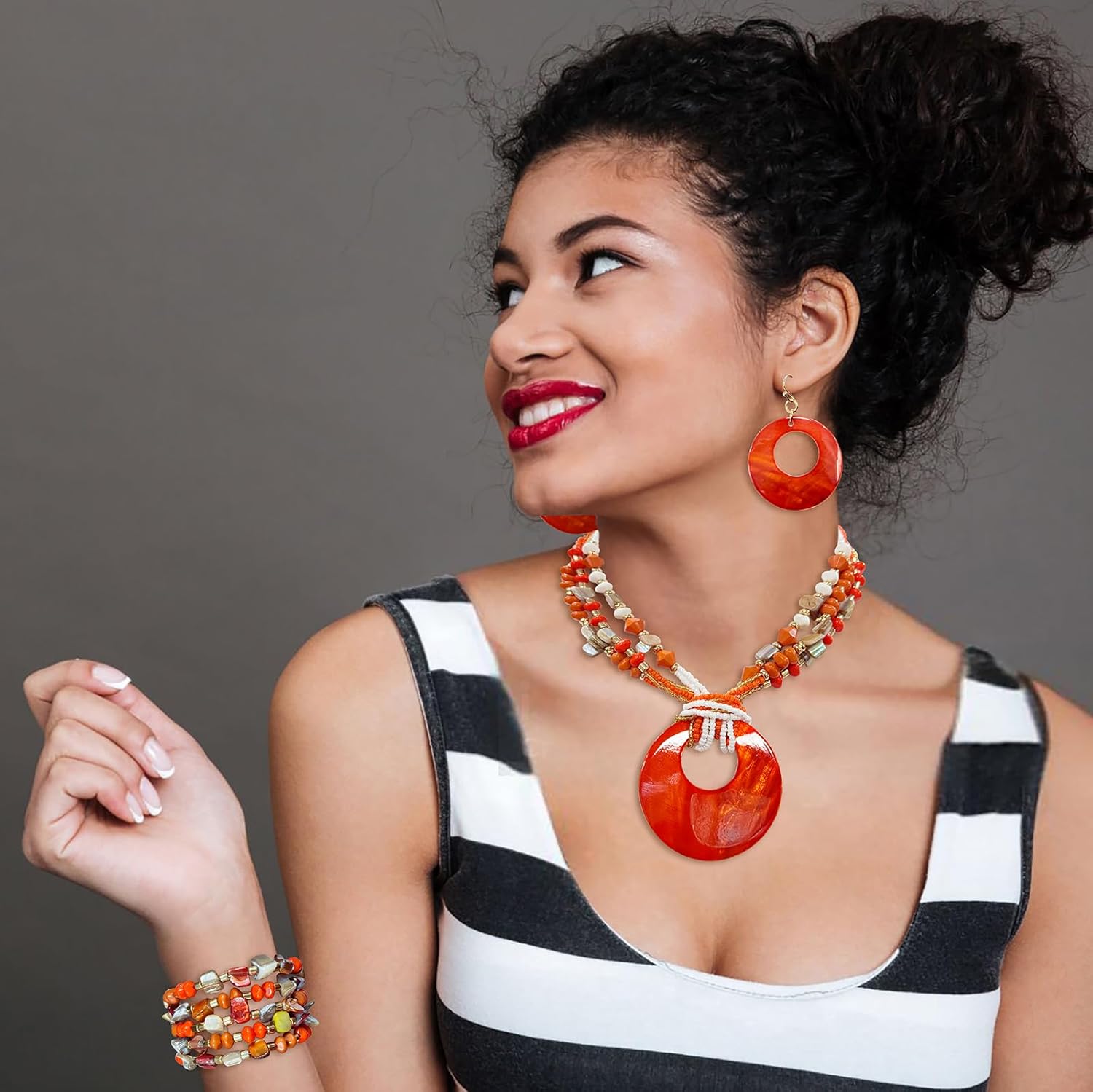 Jewelry Sets for Women 4 Pcs Chunky Beaded Mrs Roper Costume Jewelry for Women Boho Multi Strand Colorful Shell Necklace for Women - Image 5