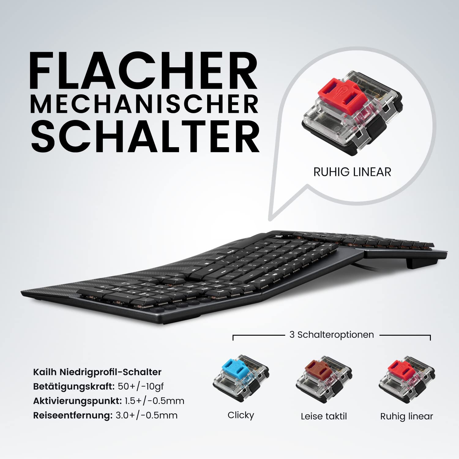 Perixx PERIBOARD-335RD DE, przewodowa, ergonomiczna klawiatura mechaniczna – Low-Profile Red Linear Switches – programowalna funkcja – kompatybilna z Windows i Mac OS X – niemiecki QWERTZ