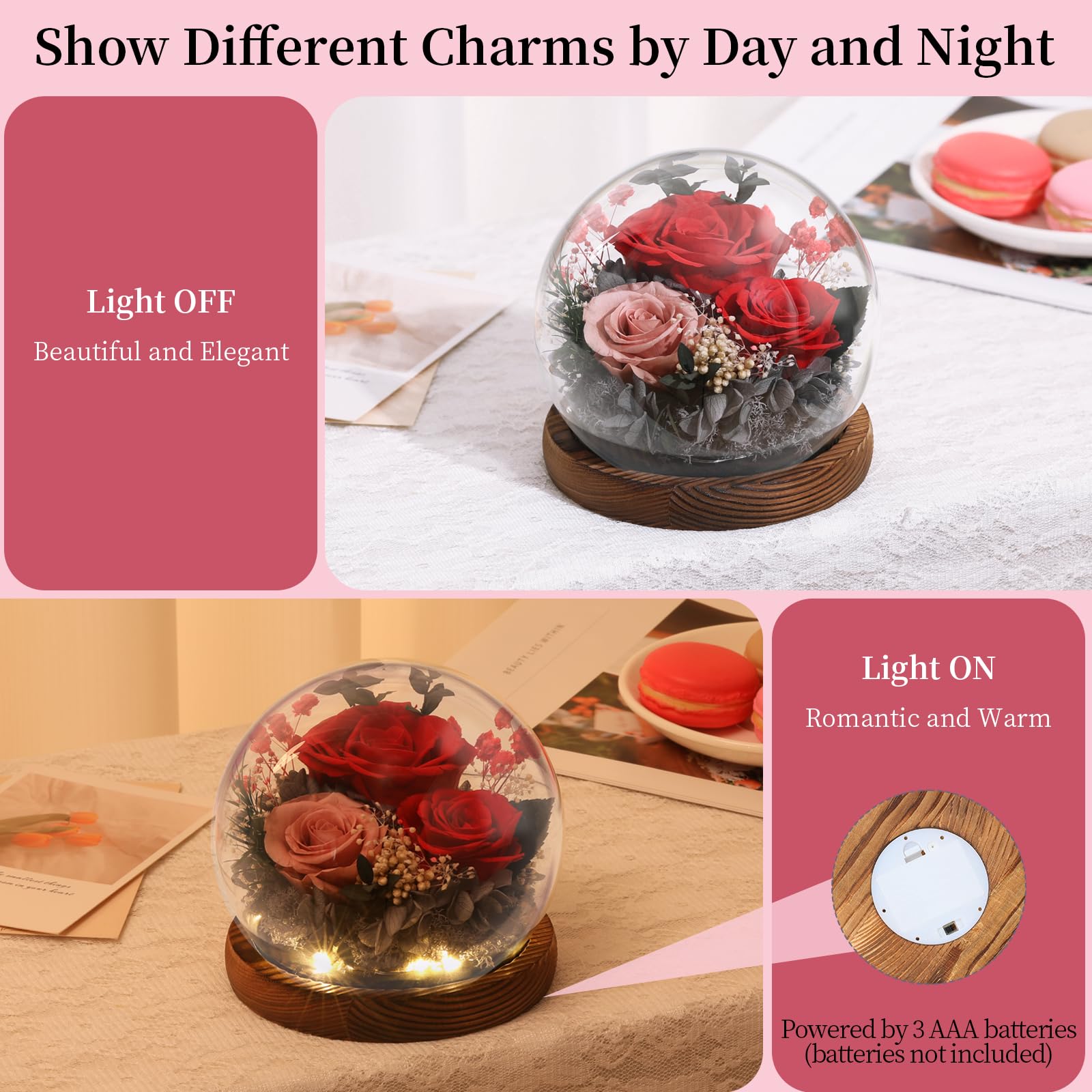 Emibele Mother's Day Eternal Rose Gifts for Mom, Preserved Real Rose in Glass Dome with LED Light for Decoration, Flowers for Delivery Prime, Gifts for Women Wife Her on Birthday Anniversary, Red