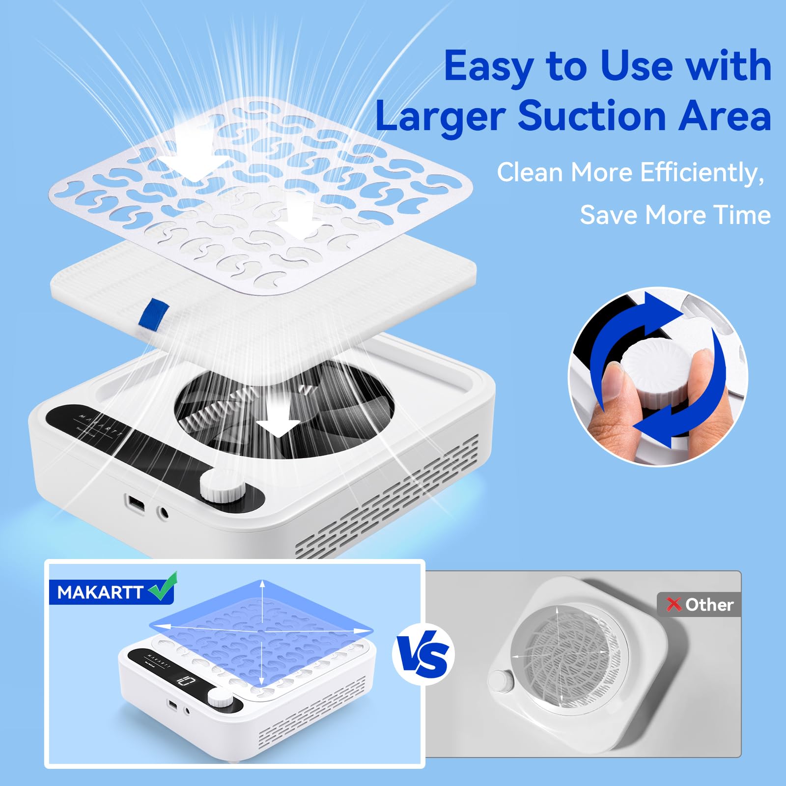 Makartt Aspirateur Ongles Professionnelle - Modèle Larina Forte Aspiration, écran LED, vitesse réglable, filtre réutilisable + grille de protection. Idéal pour limage acrylique, en salon ou à domicile
