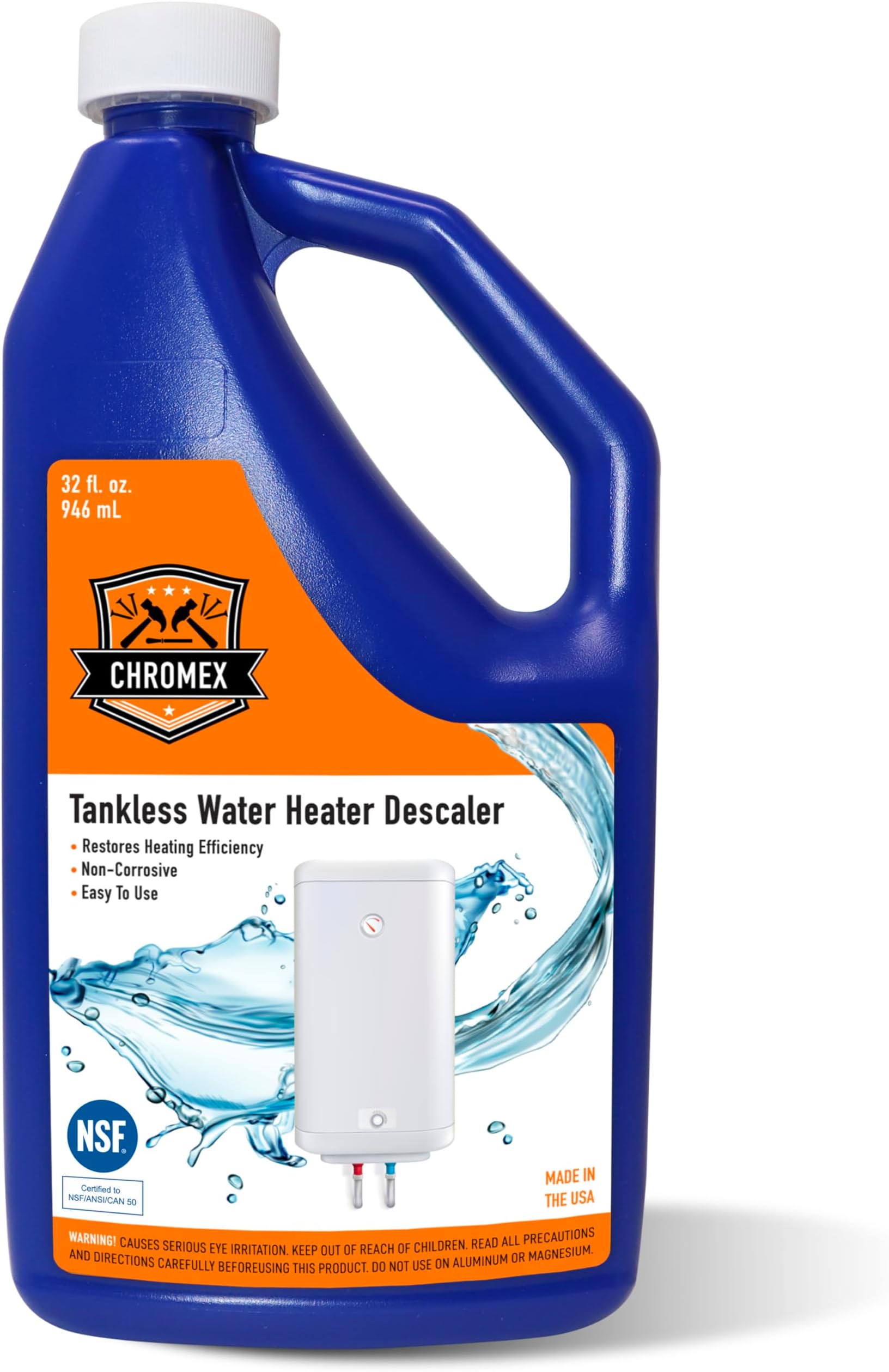 Chromex NSF Certified Tankless Water Heater Descaling Solution | Highly Effective Descaler Restores Heating Efficiency, Quart, 32 fl oz (1)