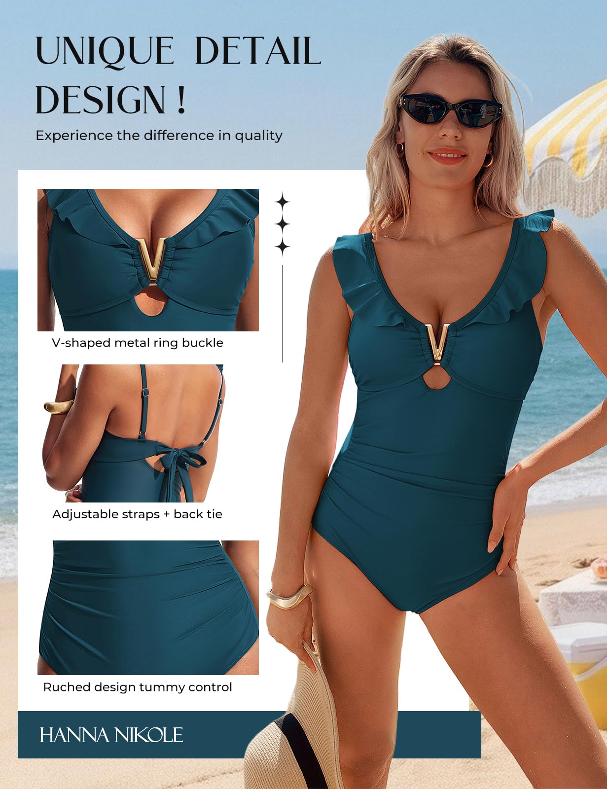Hanna Nikole Monokini - Traje de baño para mujer, cuello en V, volantes, hebilla de metal, corte entallado para adelgazar