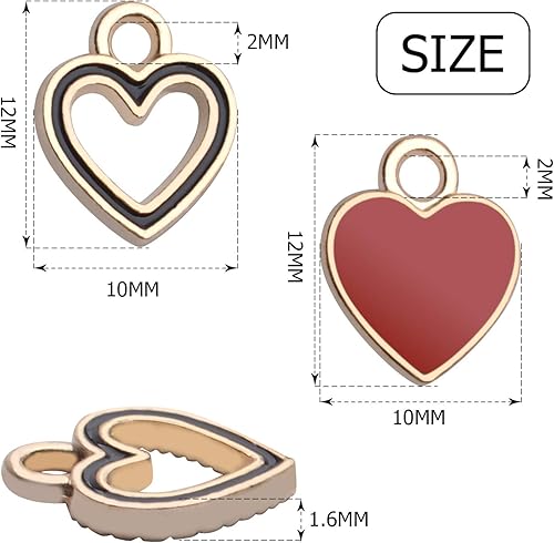 Miniatura 3 de Aylifu Dije de corazón chapado en oro, 60 dijes de corazón esmaltados en rojo, blanco y negro, hueco, en forma de corazón, joyería para hacer joyas,