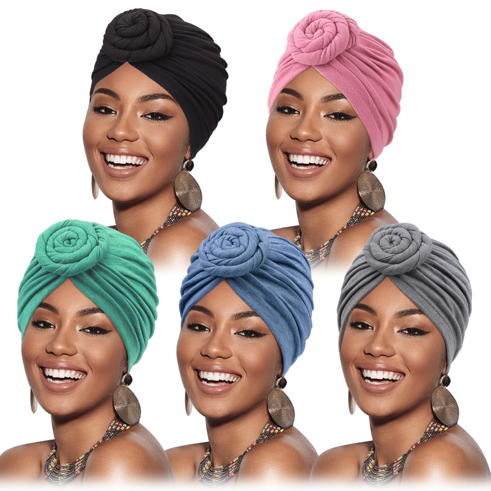 DRESHOW 5 Pack Knotted Headwraps for Women African Turban Pre-Knotted Beanie Headwraps Hair Covers