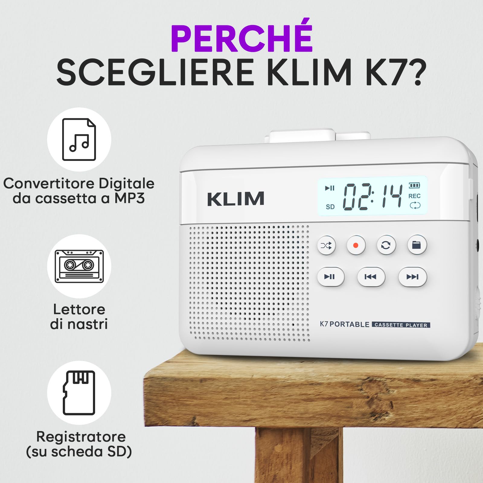 K7 Cassette Player Convertitore Cassette MP3 Lettore Audio Portatile Microfono Altoparlante Incorporati Batteria Ricaricabile Scheda SD 16 GB Bianco