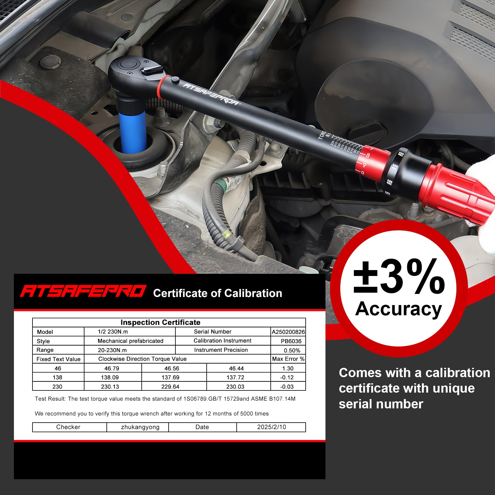 ATsafepro Klucz dynamometryczny 1/2 cala, 20-230 Nm, 7-częściowy zestaw klucza dynamometrycznego z 3 nasadami (17mm, 19mm, 21mm), redukcją 1/2" na 3/8", przedłużakiem 125 mm, dokładność ±3%