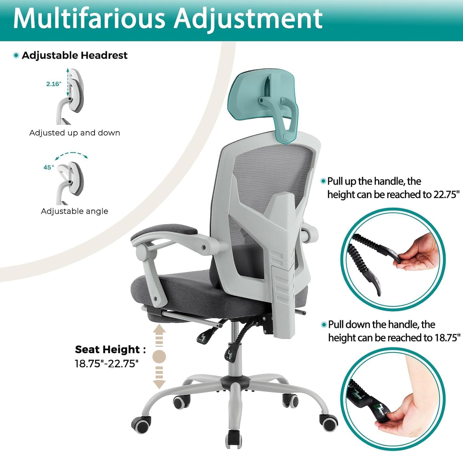 DUMOS Home Office Desk Chair with Footrest, High-Back Mesh Rolling Swivel Reclining Chairs with Wheels, Comfortable Headrest, Lumbar Support, Comfy Arms for Home, Office, Gaming, Student,Elegant Grey