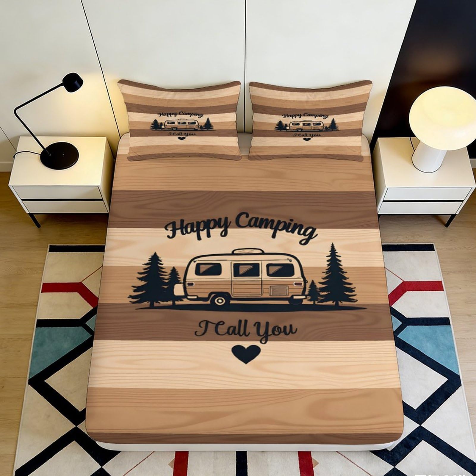 3D Printed Happy Camping Caravan Fitted Sheet Microfiber Soft Breathable Forest Bed Cover for Bedroom Guest Room Decor 90x200x25cm