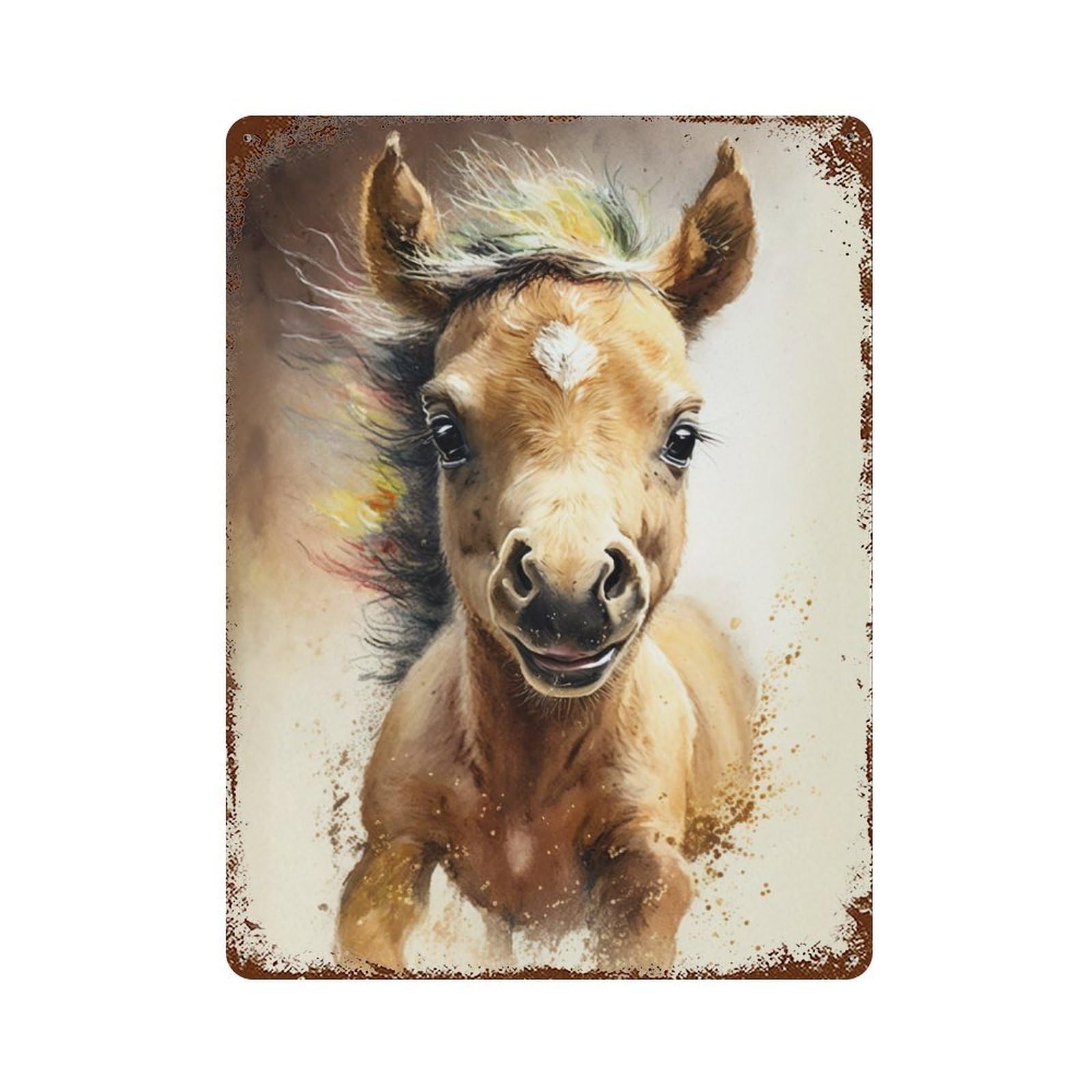 Horse Watercolor Drawing Rust Effect Tin Sign 15.7"x11.8", Ideal for Farmhouse, Kitchen And Entryway Decor