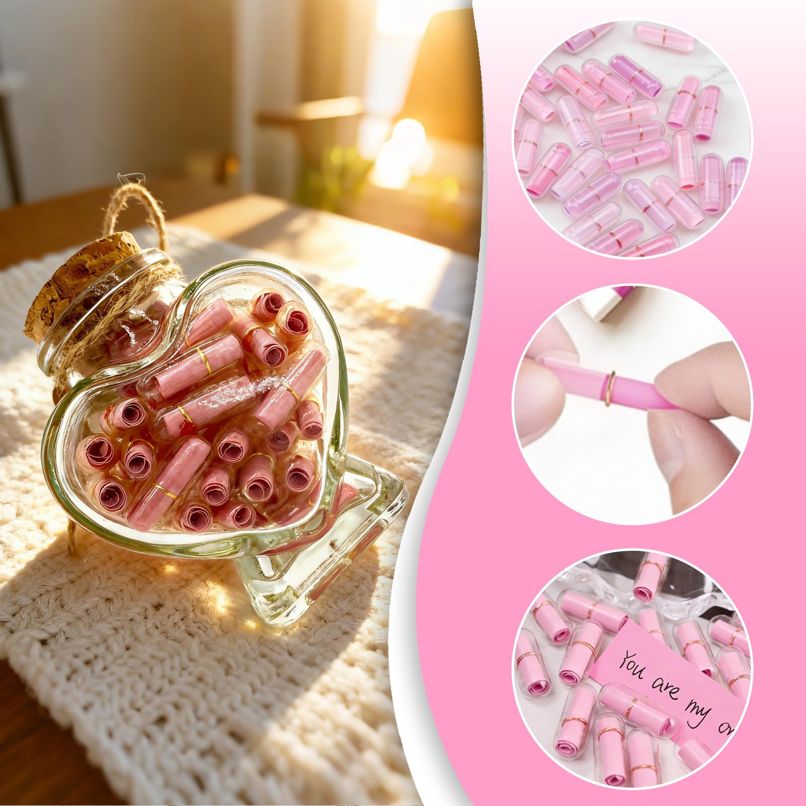 Lot de 50 lettres de capsule d'amour dans un bocal en verre en forme de cœur, rose à faire soi-même, message personnalisé dans une bouteille, cadeau pour lui/elle, souvenir romantique pour petit ami