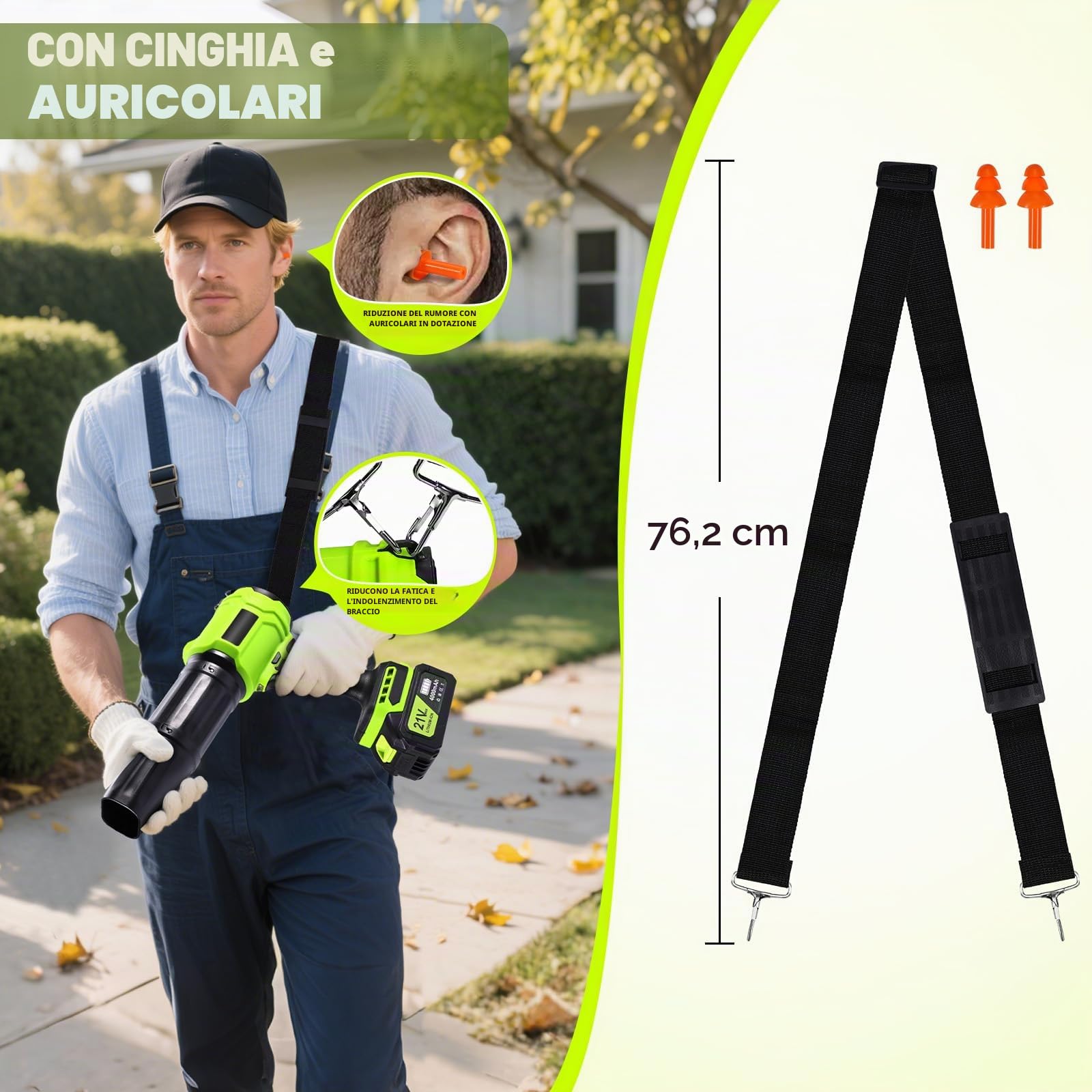Soffiatore a Batteria Portatile, Aria Potente ad Alta Velocità con 2 Batterie 4000mAh, Velocità Del Vento 65 m/s, Soffiatore per Foglie Leggero per Giardino, Polvere e Neve,Verde Fluorescente