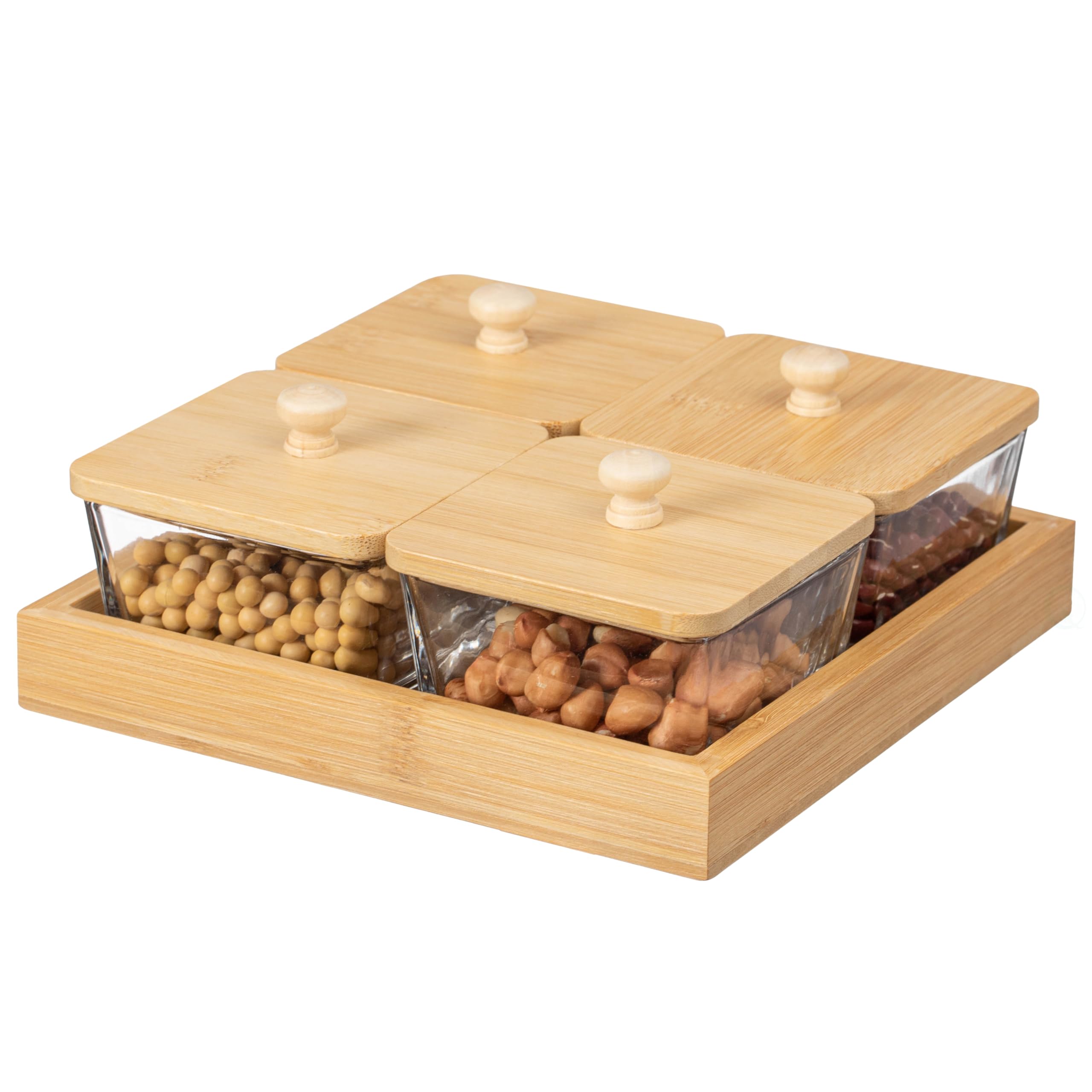Photo 1 of ** two are broken **Basicwise Set of 4 Square Glass Jars with Bamboo Lids and Wooden Tray – Square Charcuterie, Snack Organizer and Fruit Platter for Party, Candy Jars, Cookies, Nuts, Fruits and Snack Box