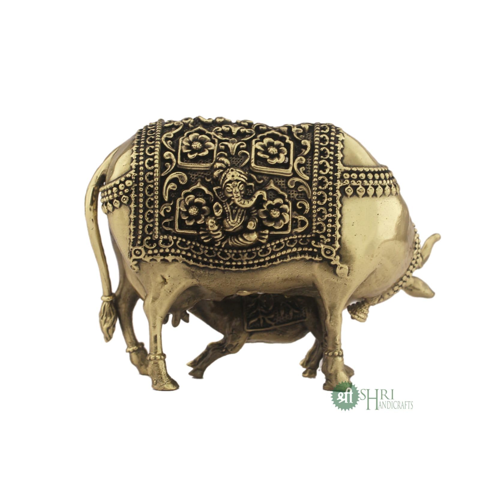 INDICAST Statuetta spirituale di Kamdhenu Gau MATA Idol Spiritual Vastu Nandi Pooja da 7,6 cm, realizzata a mano, in ottone, con mucca e vitello per la buona fortuna, per casa e ufficio (peso: 210 gm)