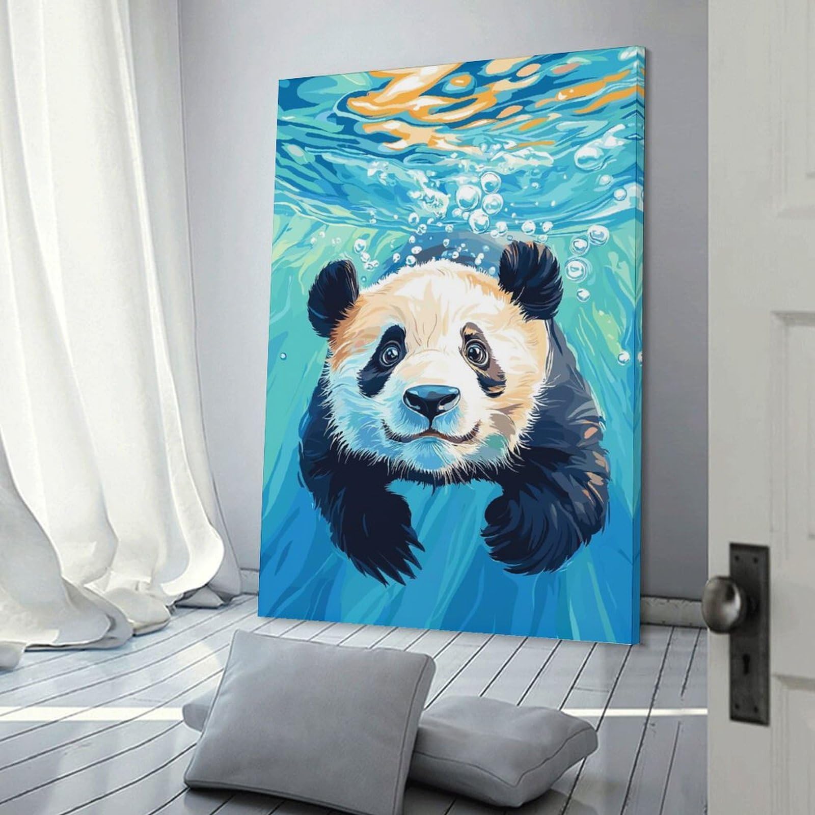 Junmoney Panda Swimming Underwater Illustration Canvas Wall Decor, 20x30inch(50x75cm), for Home Walls, Creative Rooms Or Shared Spaces, Stylish Home Artwork for Focal Walls