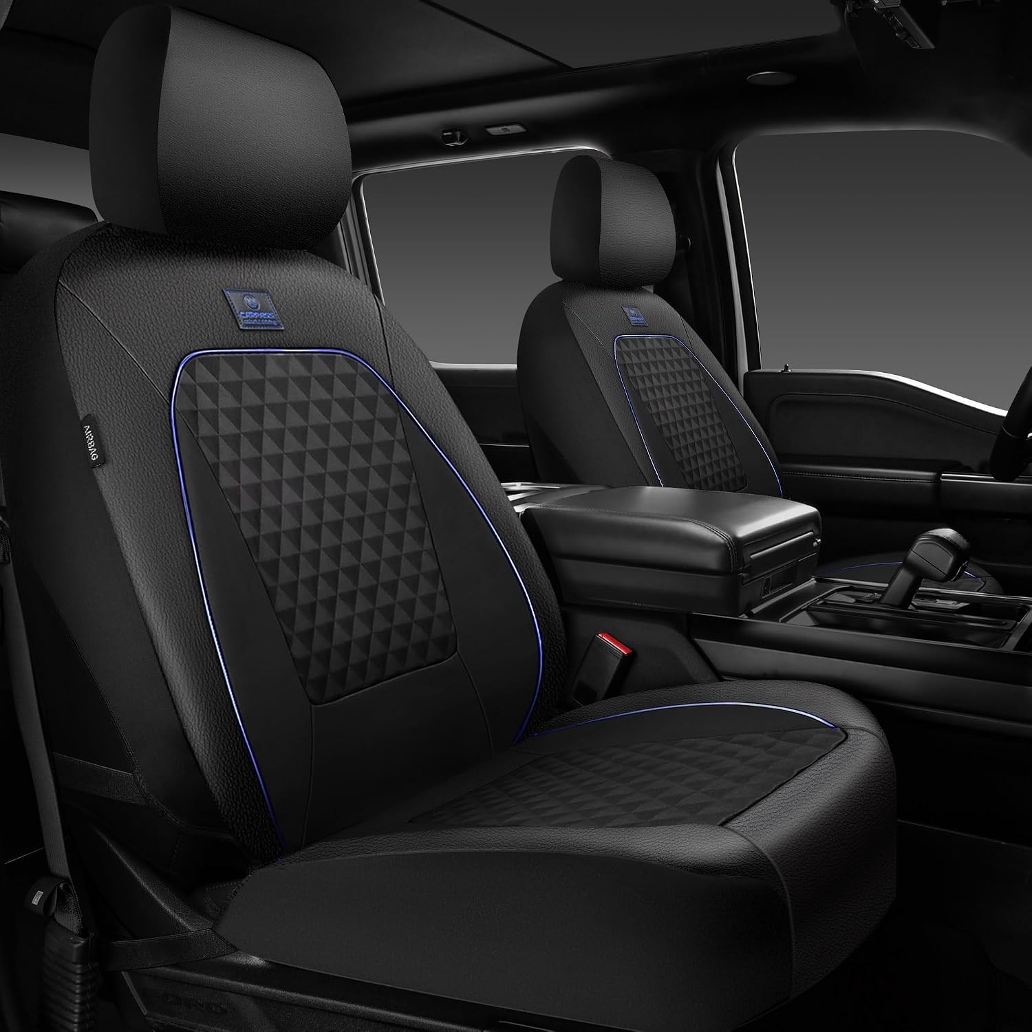 CAR PASS Leather Car Seat Covers Gel Wetsuit PU Front Seat Cover Waterproof EVA 2pcs All Weather Neoprene Universal Fit Pickup SUV Truck Sedan Automotive, Armrest Airbag Compatible, Rhombic Blue Strip
