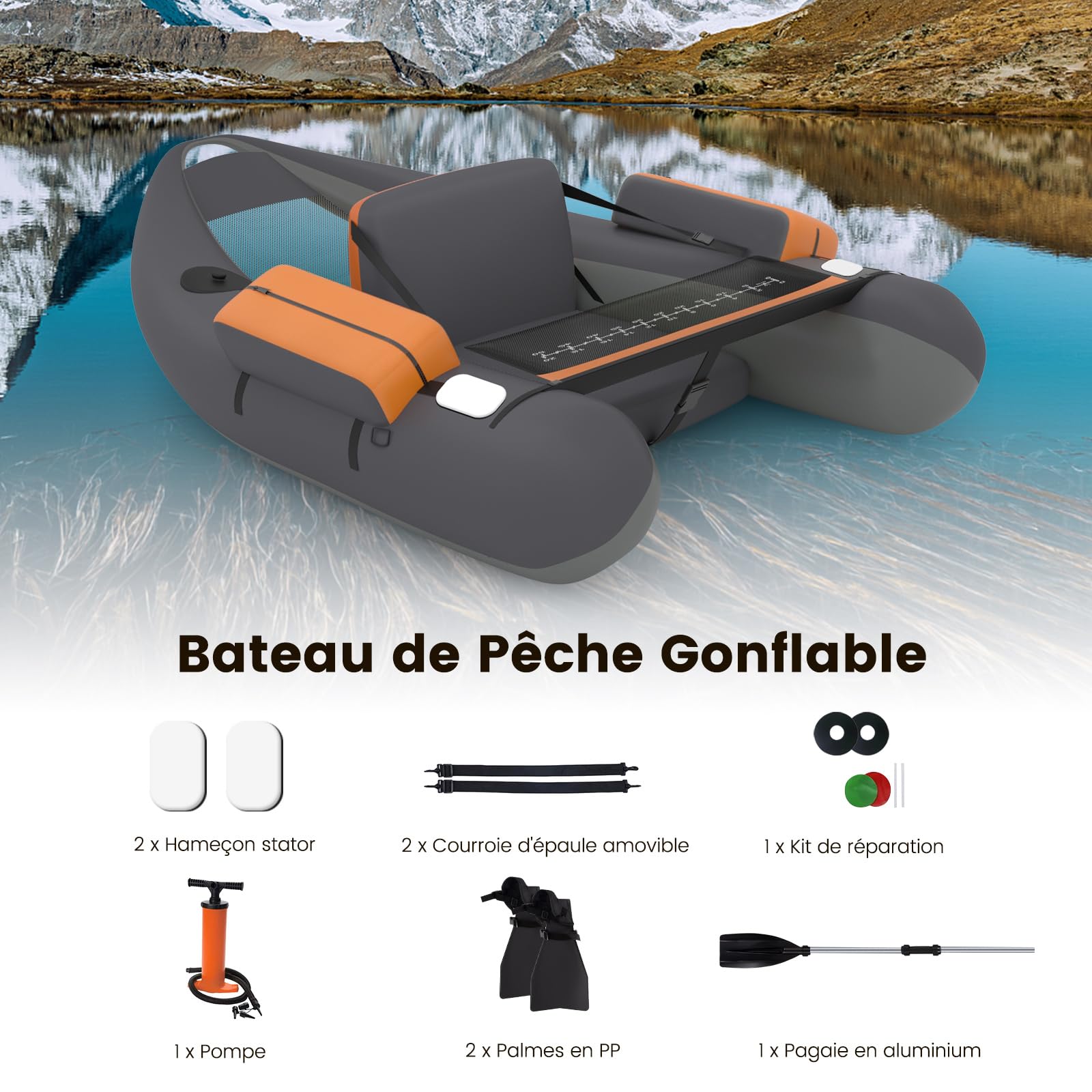 COSTWAY Bateau de Pêche Gonflable avec Sangles Ajustables Palmes et Pagaies en Aluminium, Bateau Gonflable avec Poches de Rangement, Crochet à Poisson, Capacité de Charge de 160 KG