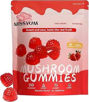 Mushroom Gummies, 10-in-1 Adaptogenic Blend, Vegan Strawberry Flavor, 60 Count, Lions Mane, Reishi, Chaga, Shiitake