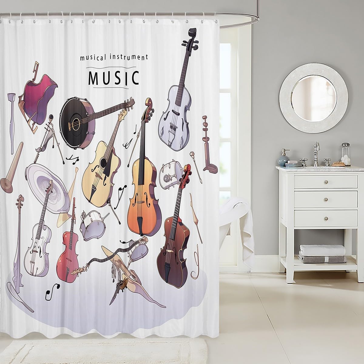 Feelyou Guitar Fabric Shower Curtain Rock Music Shower Curtain for Kids Boys Girls Musical Bathroom Waterproof Accessories with 12 Hooks Guitar Instruments Curtains,72x72 Inches image 2