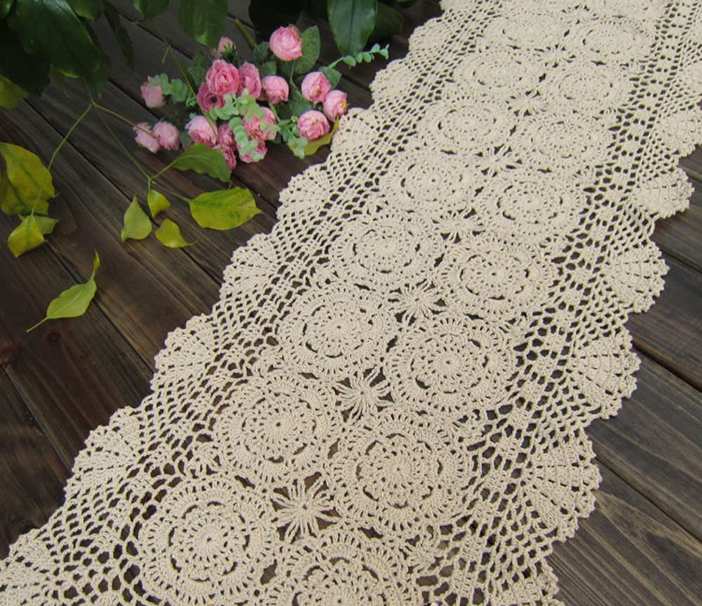 Lelefly Cotton Handmade Crochet lace Table Runners Rectangular Tablecloth Doilies Doily Table Dresser Scarf Décor,15x47 inch,Beige
